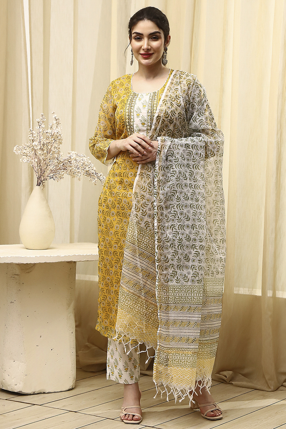 Coral Cotton Hand Block Print Unstitched Suit Set image number 7