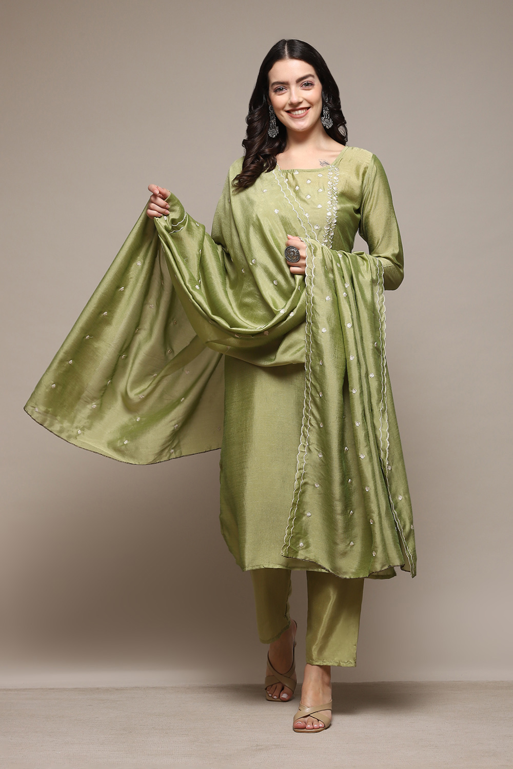 Olive Green Silk Blend Unstitched Suit Set image number 8