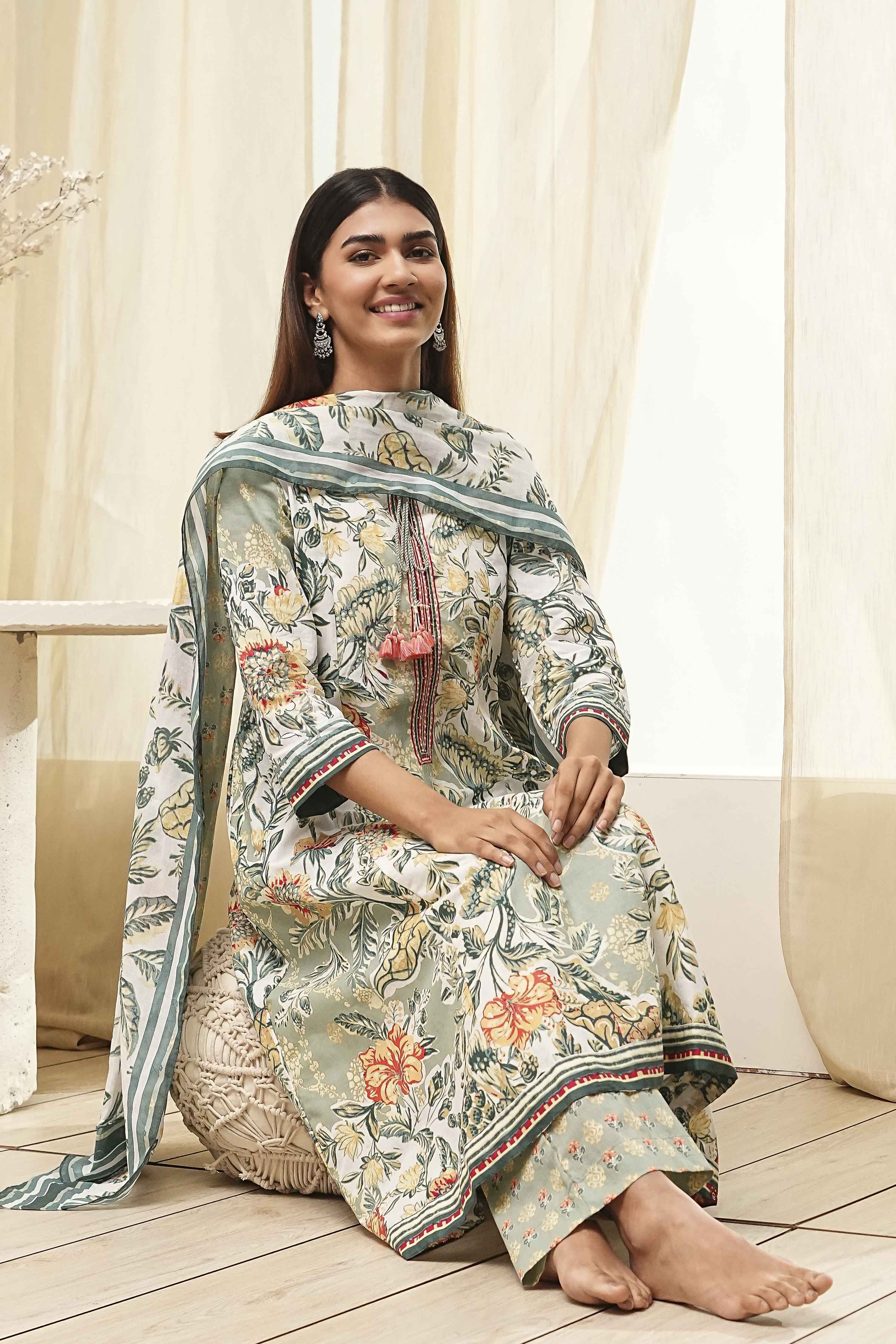 Sage Green Pure Cotton Floral Kalidar Suit Set image number 0