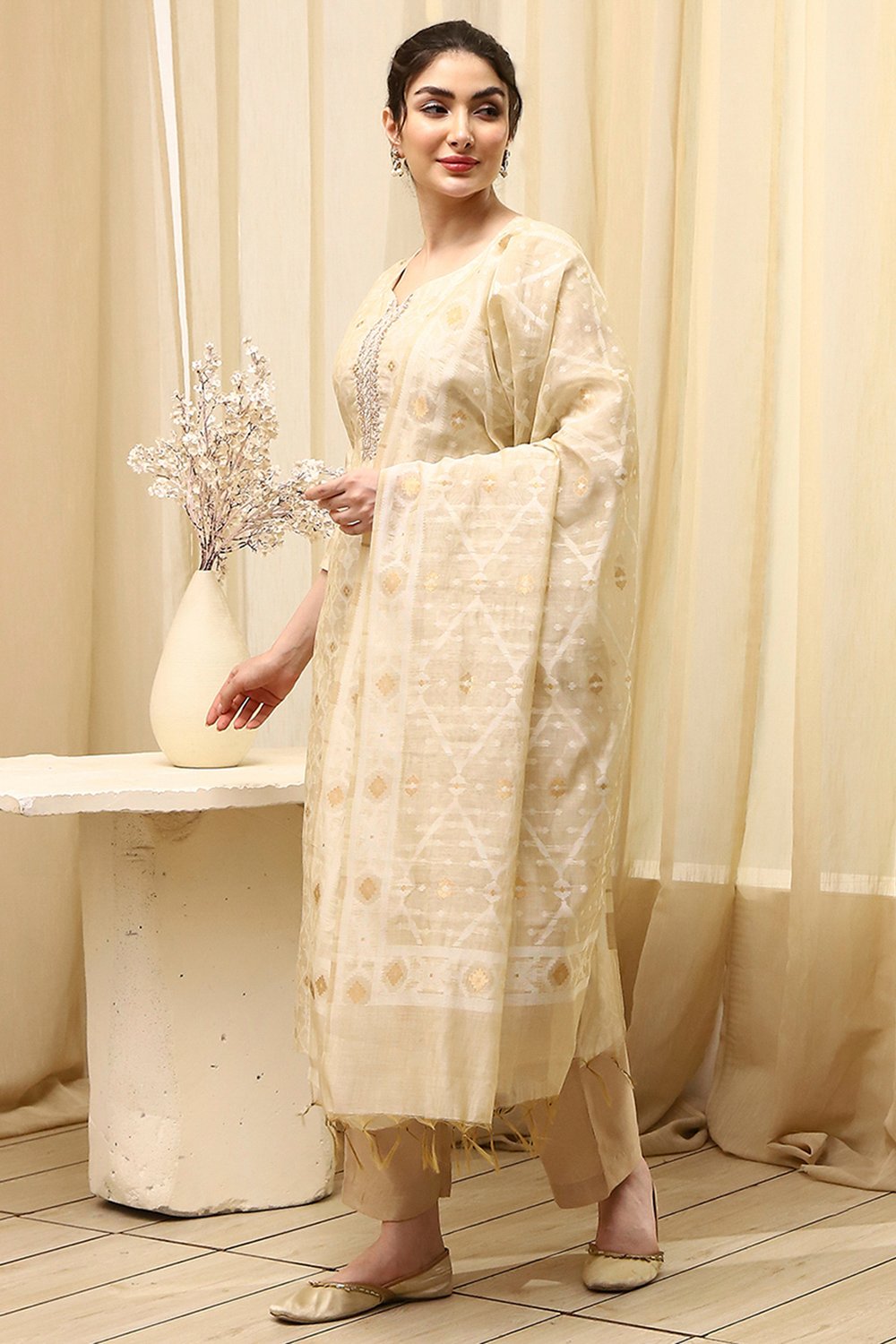 Beige Chanderi Jamdani Unstitched Suit Set image number 4