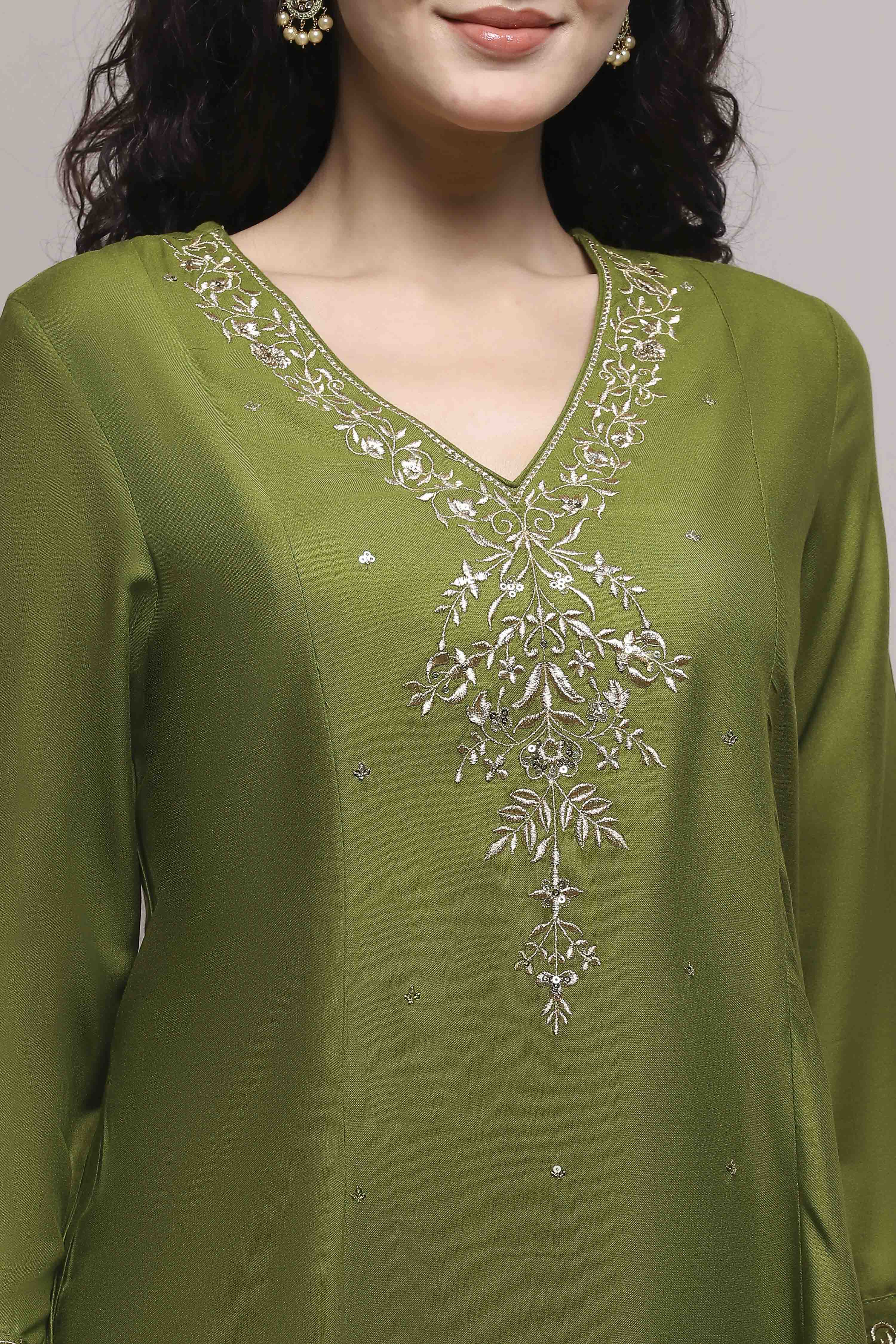 Green Viscose Rayon Straight Embroidered Suit Set image number 1