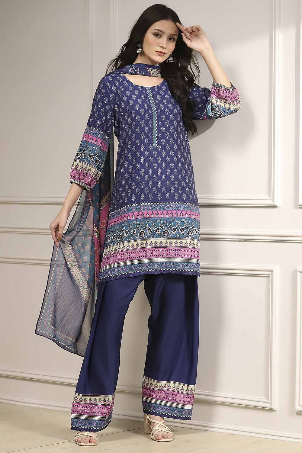 Blue Printed Straight Suit Set image number 0