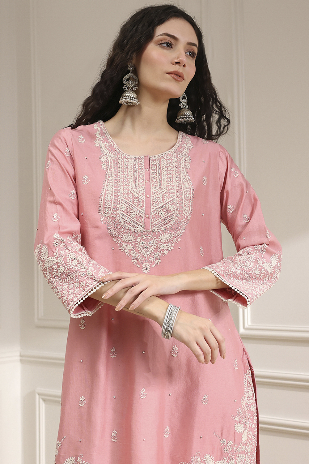 Light Pink Cotton Silk Embroidered Straight Suit Set image number 1