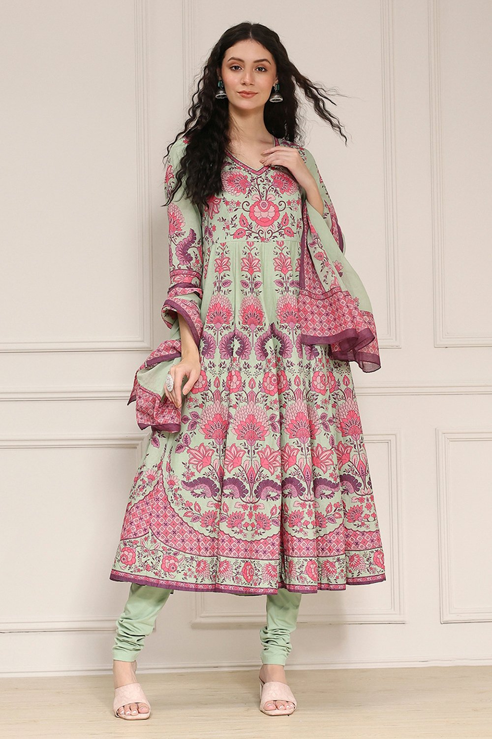 Light Pink Cotton Printed Anarkali Suit Set image number 6