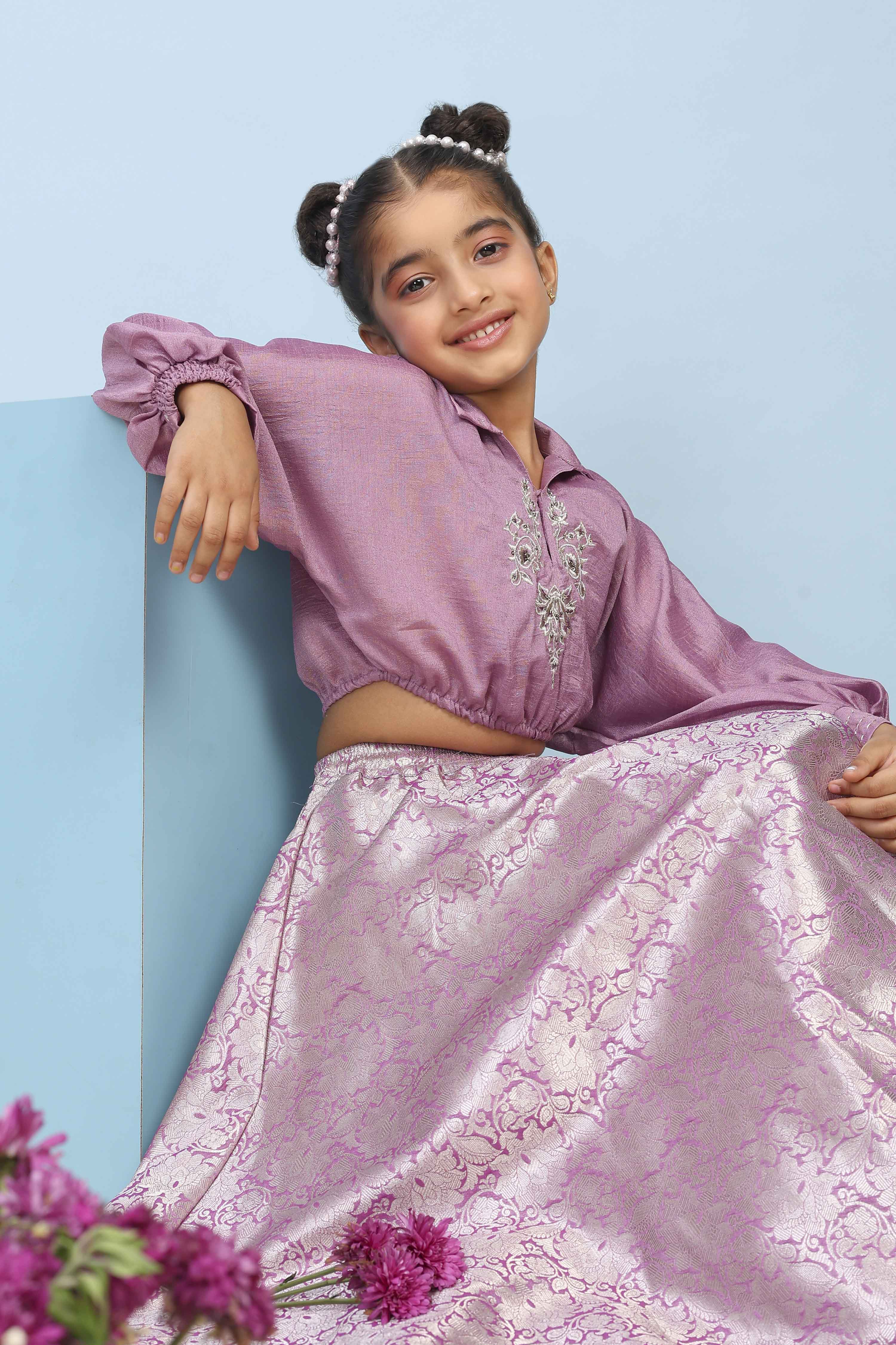 Lilac Polyester Flared Lehenga Set image number 6