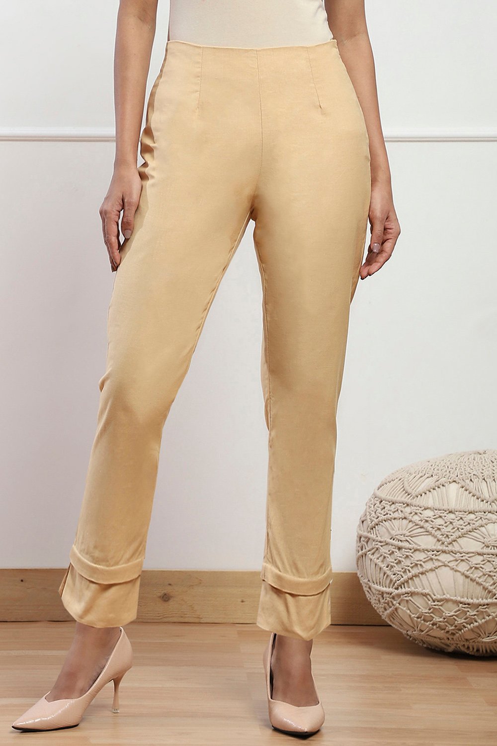 Almond Beige Cotton Flax Regular Pant image number 4