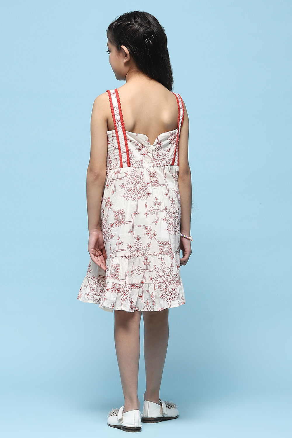 Ecru Red Printed Cambric Dress With Red Lace Detail On Neck image number 3