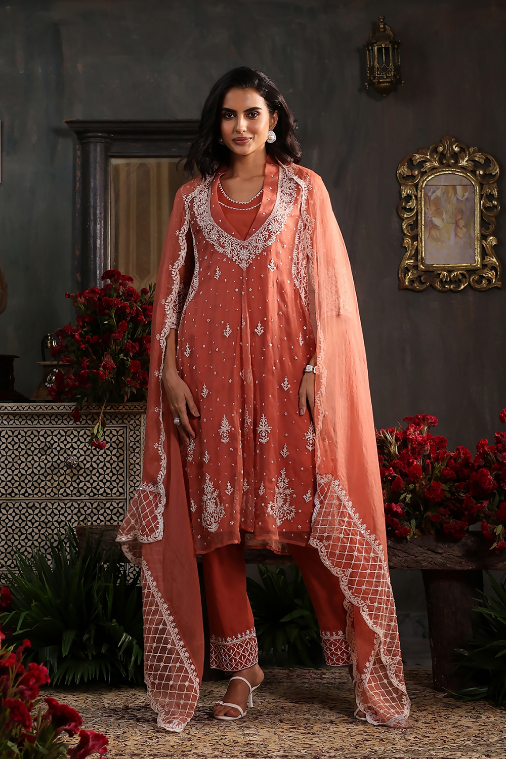 Burnt Orange Viscose Kalidar Dyed Suit Set image number 6