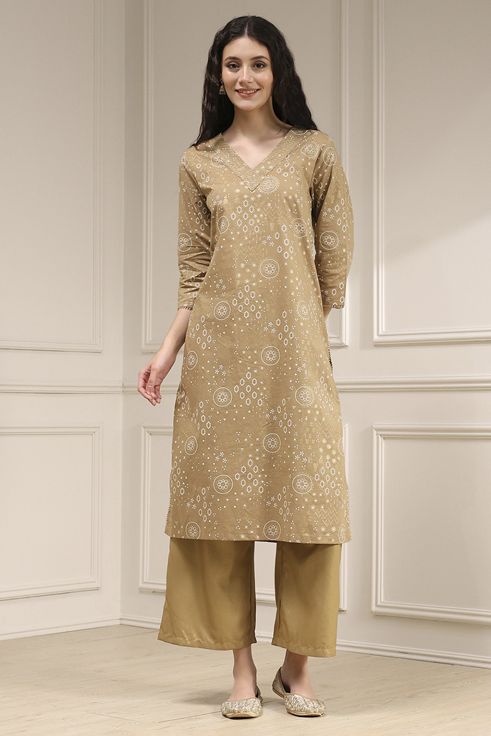 Beige Cotton Printed Straight Kurta image number 5