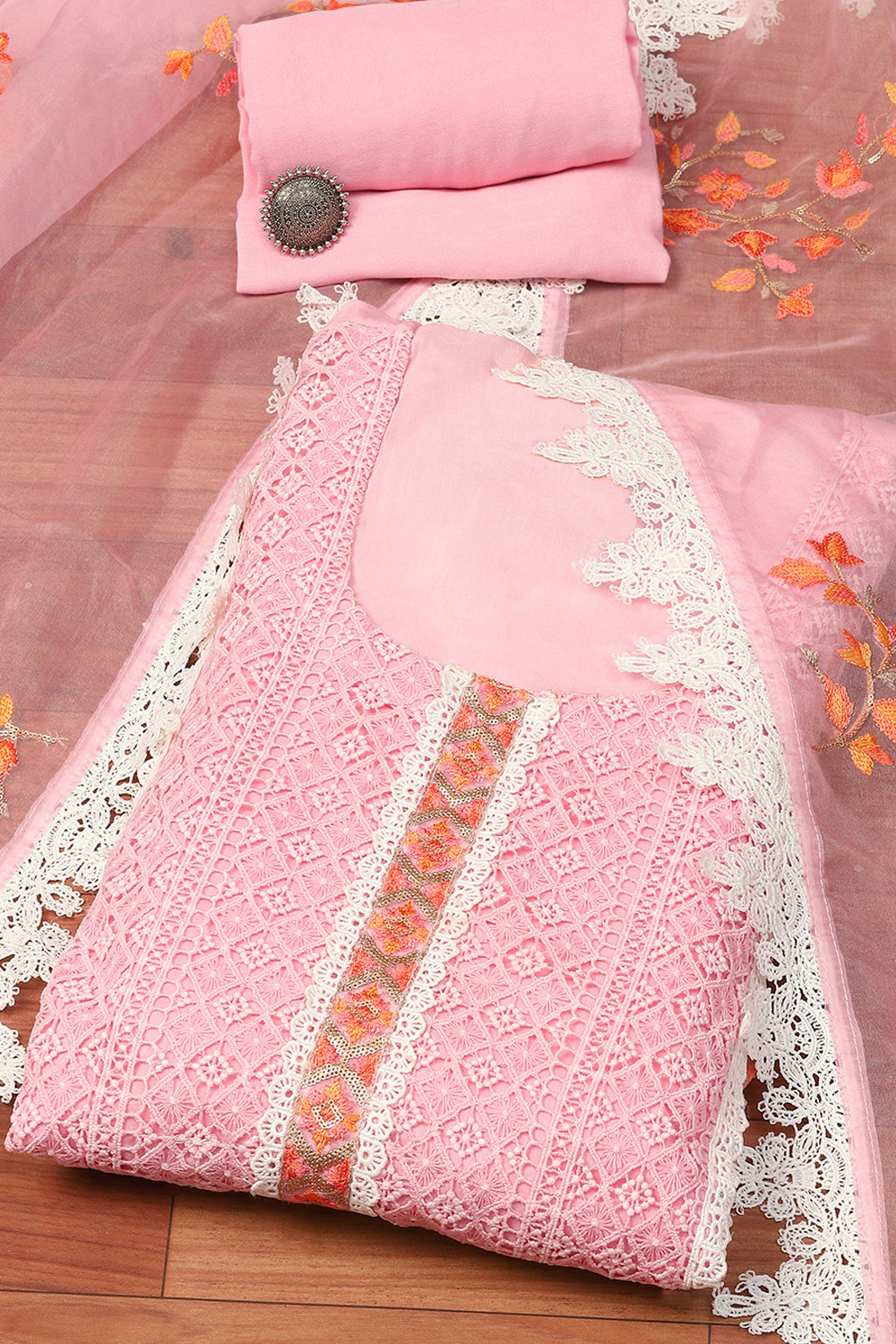 Light Pink Muslin Lace Unstitched Suit Set image number 0