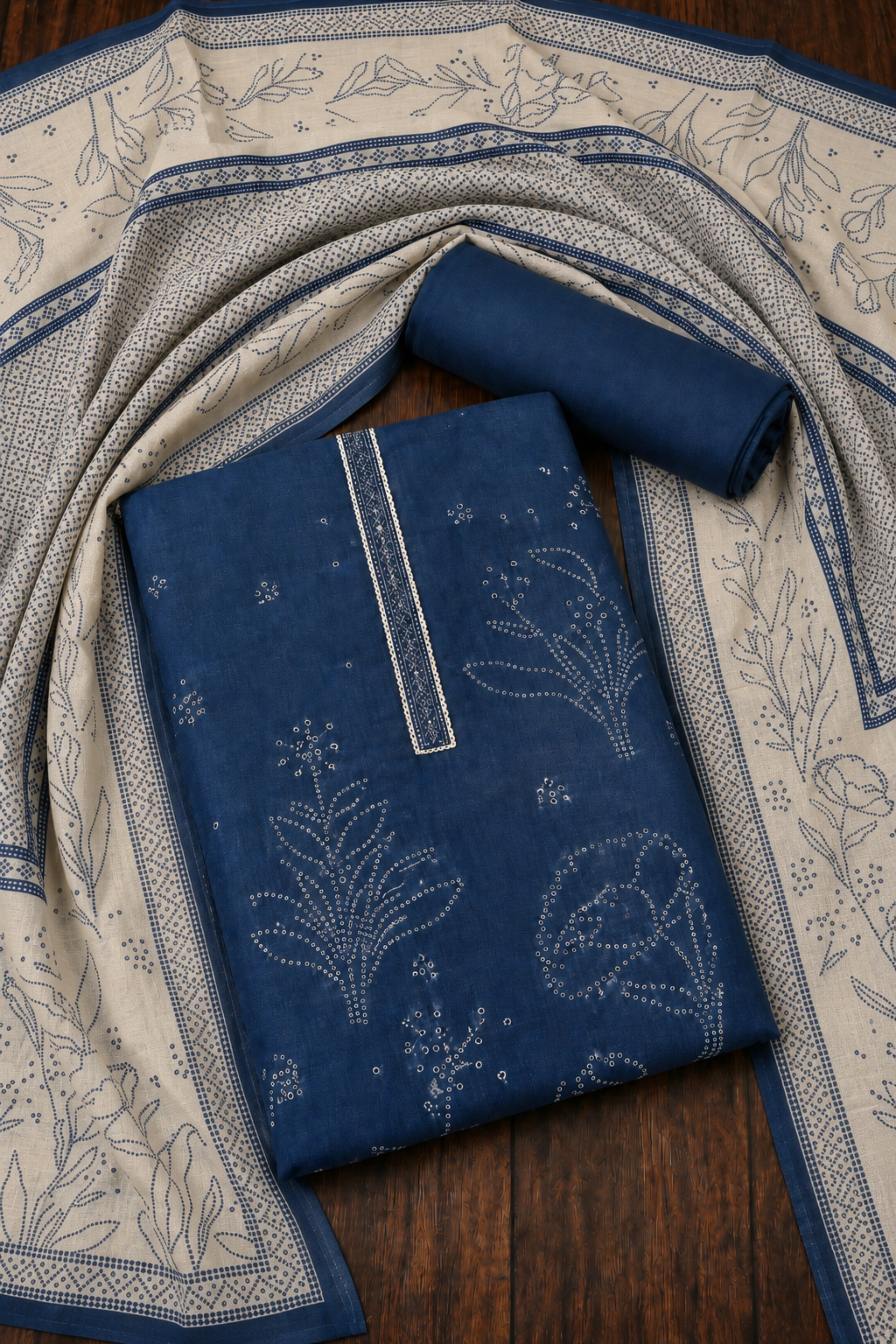 Blue Linen Modern Print With Work Unstitched Suit Set image number 0