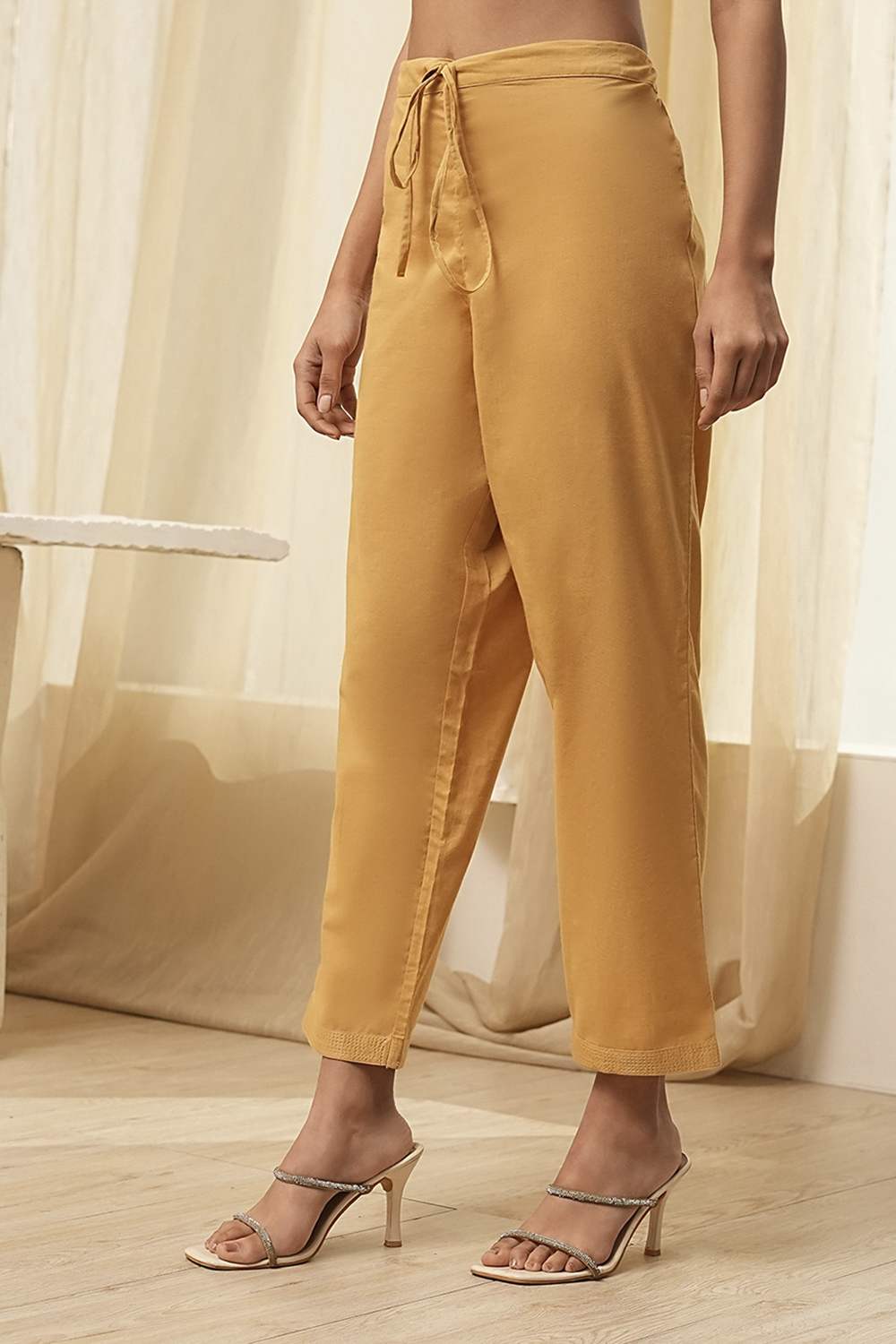 Cream-Colored Cotton Solid Regular Pants image number 2