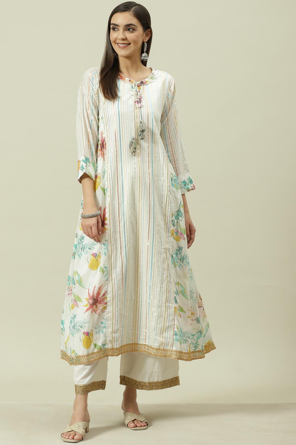 Off White Metallic Cotton A-Line Kurta Palazzo Suit Set image number 0