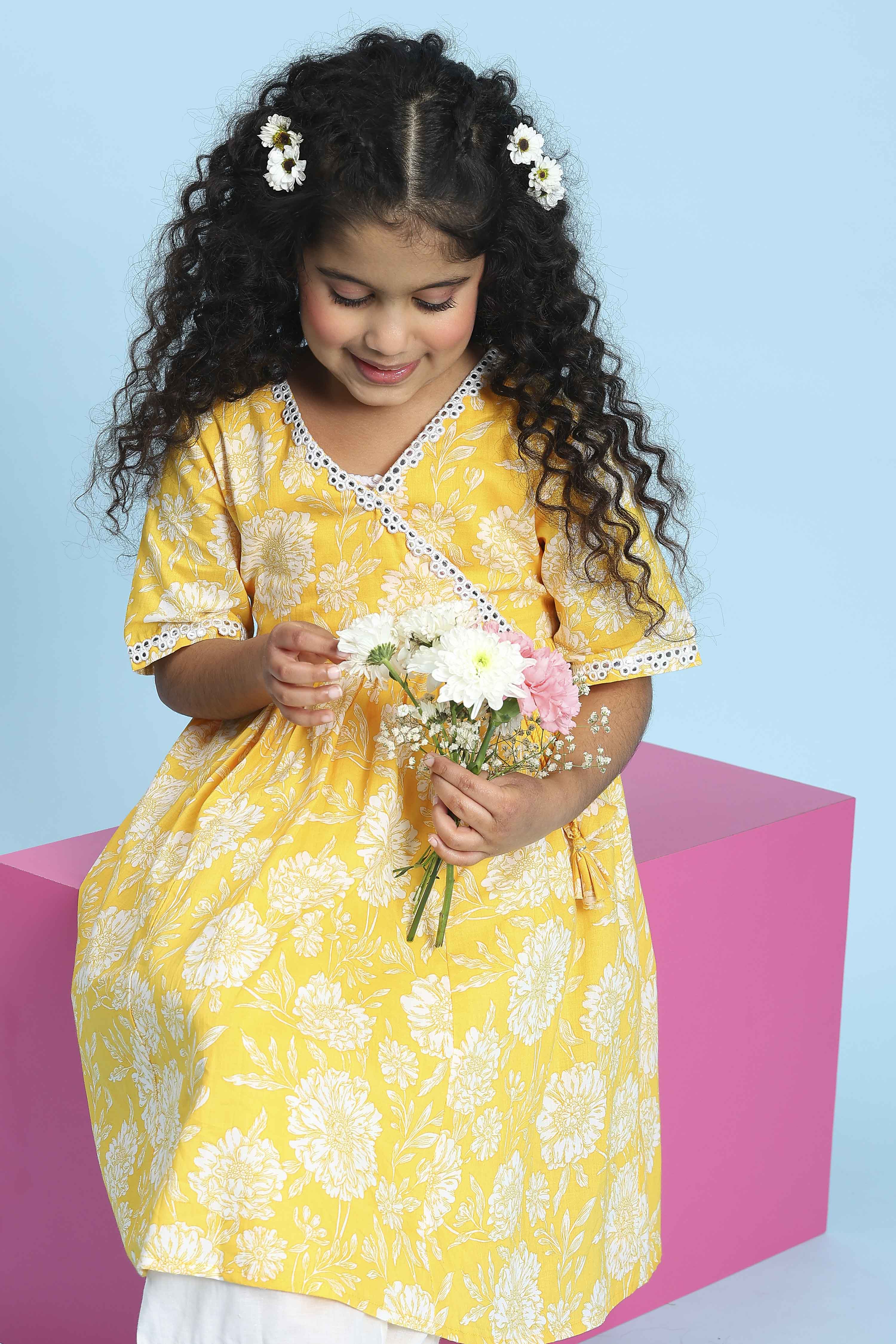 Yellow Cotton Printed Anarkali Suit Set image number 7