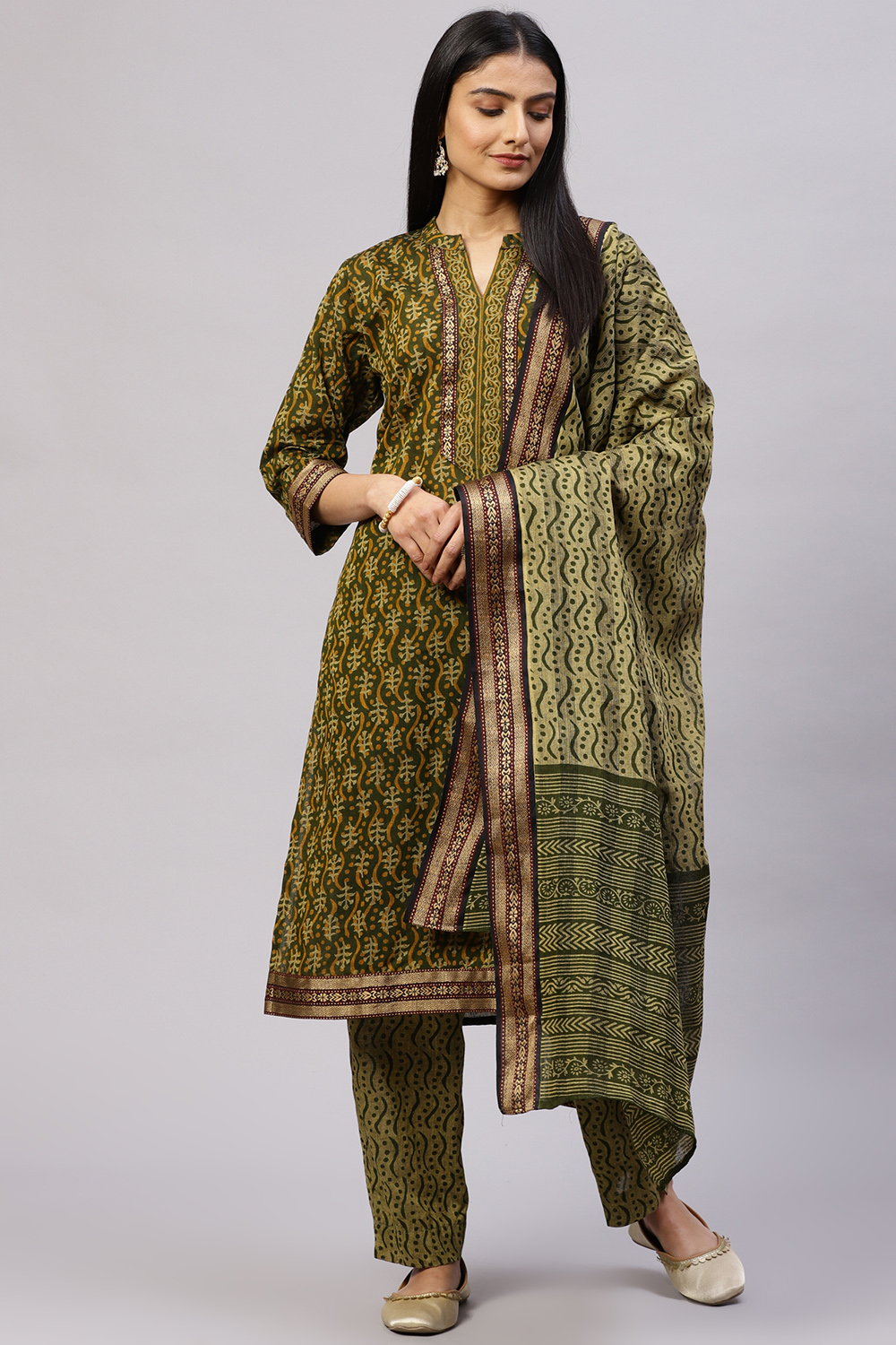 Olive Cotton Woven Unstitched Suit Set image number 0