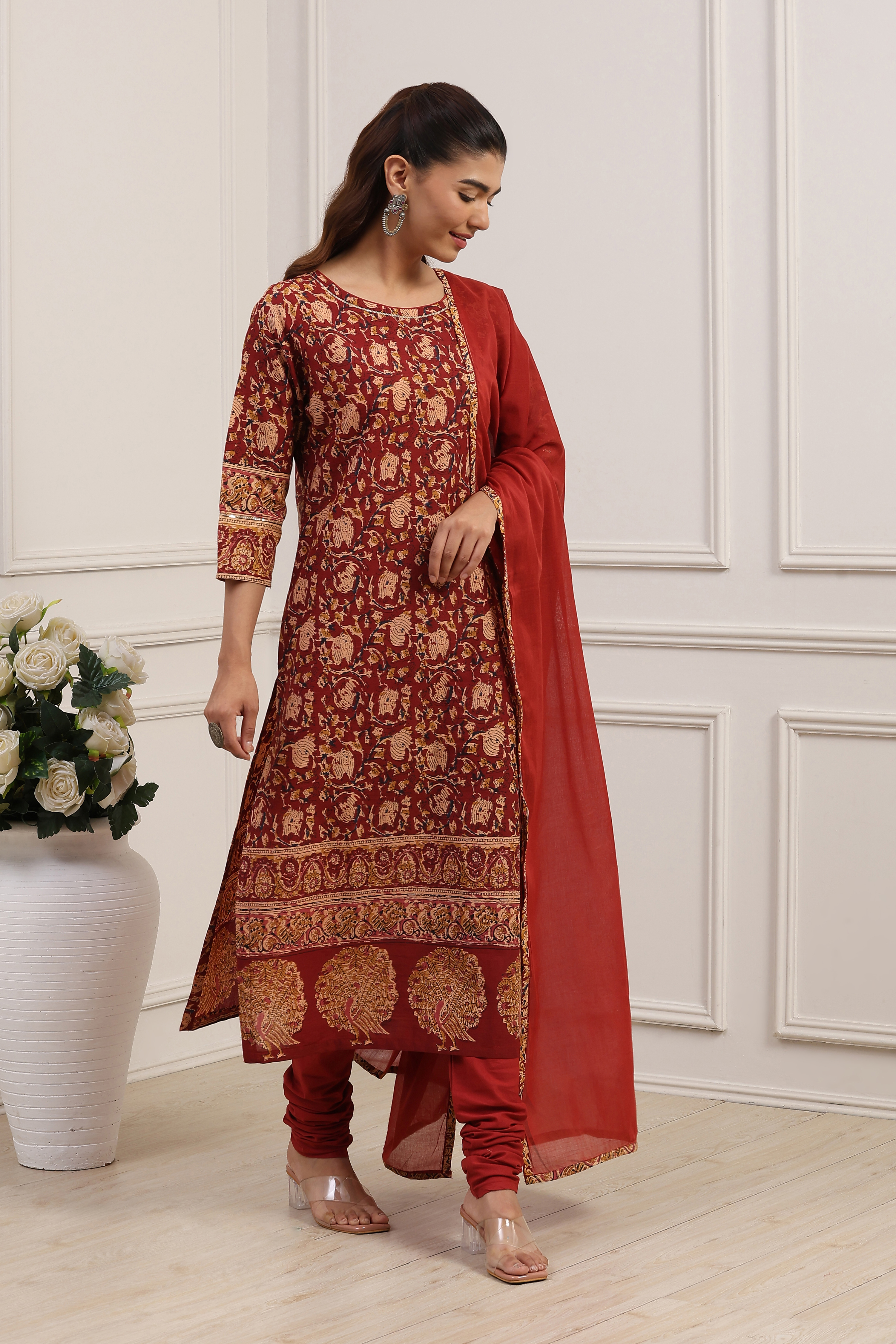 Red Cotton Straight Kurta Churidar Suit Set image number 5