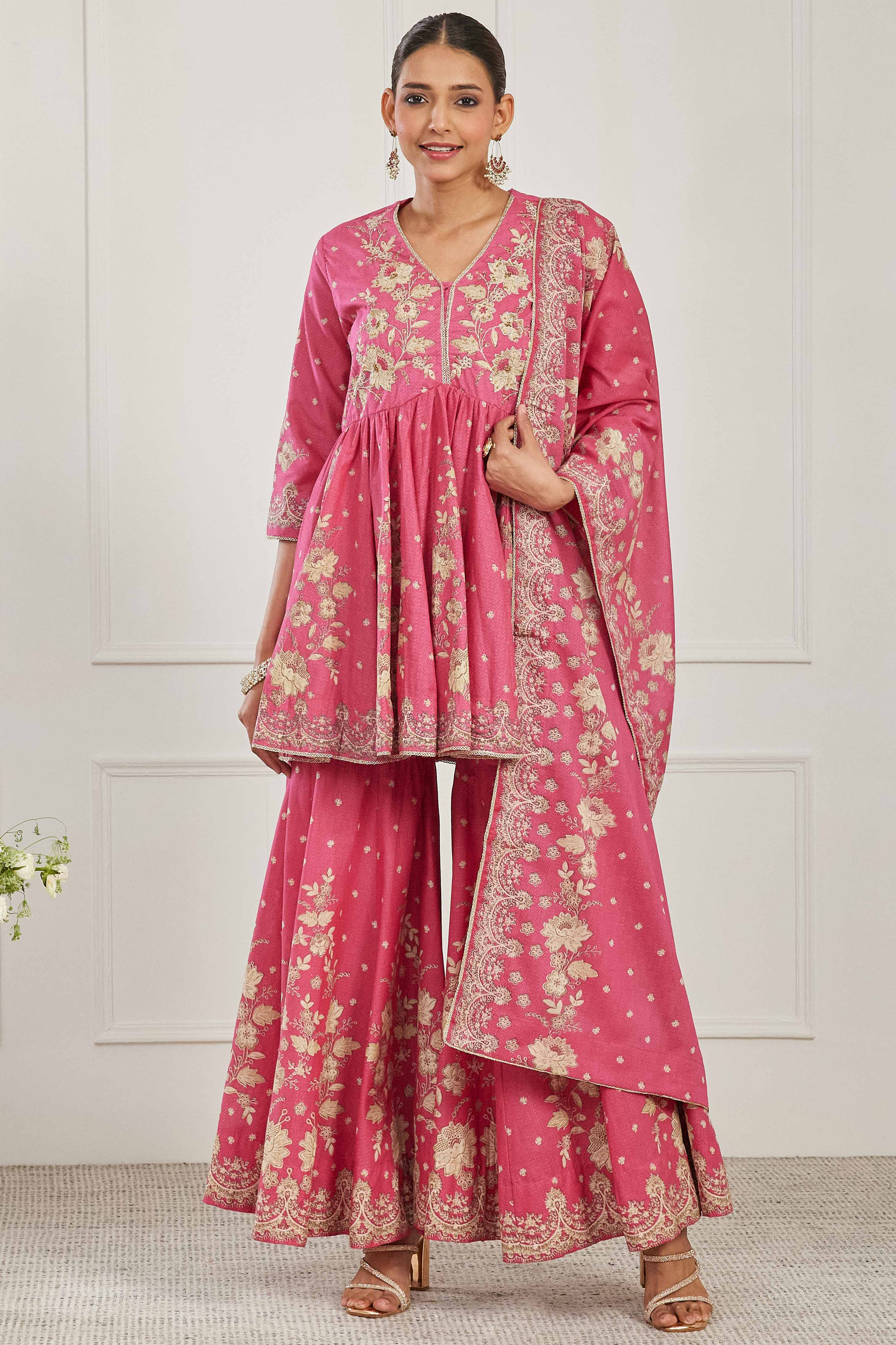 Pink Cotton Peplum Printed Garara Suit Set image number 0