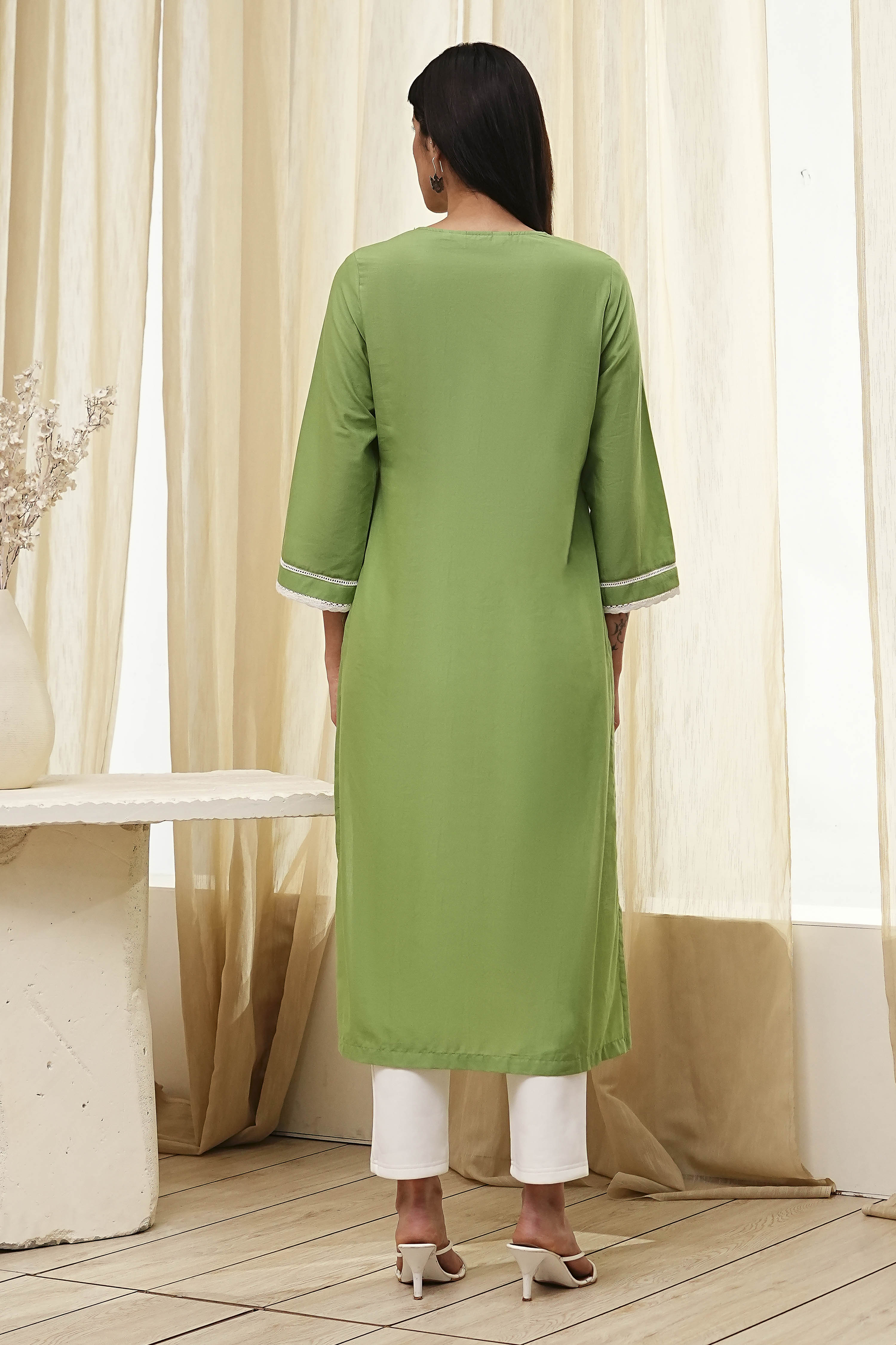 Light Pink Cotton Straight Kurta image number 3