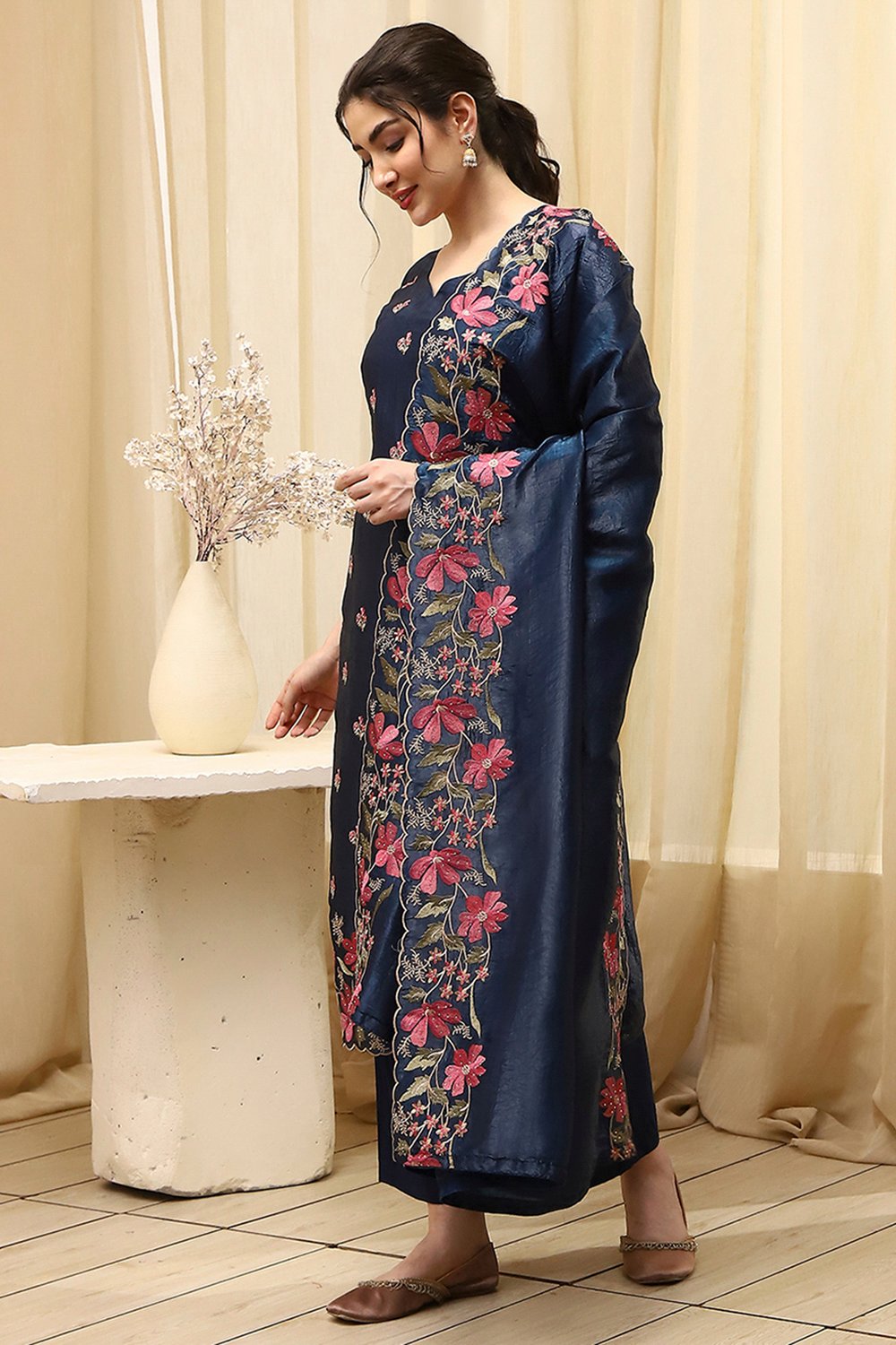 Navy Blue Tissue Machine Embroidered Unstitched Suit Set image number 4