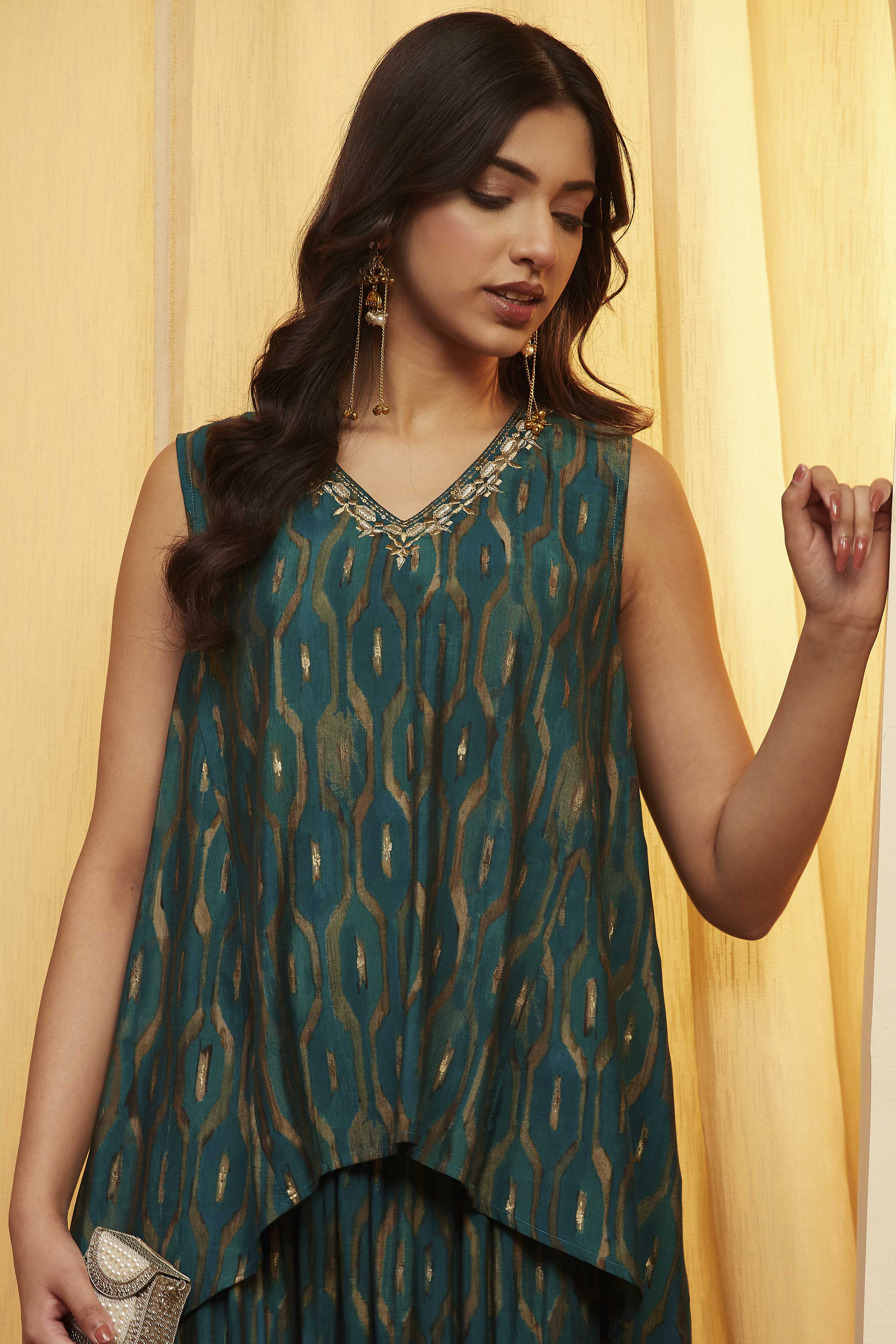 Teal Viscose Blend Straight Kurta Pants Set image number 1