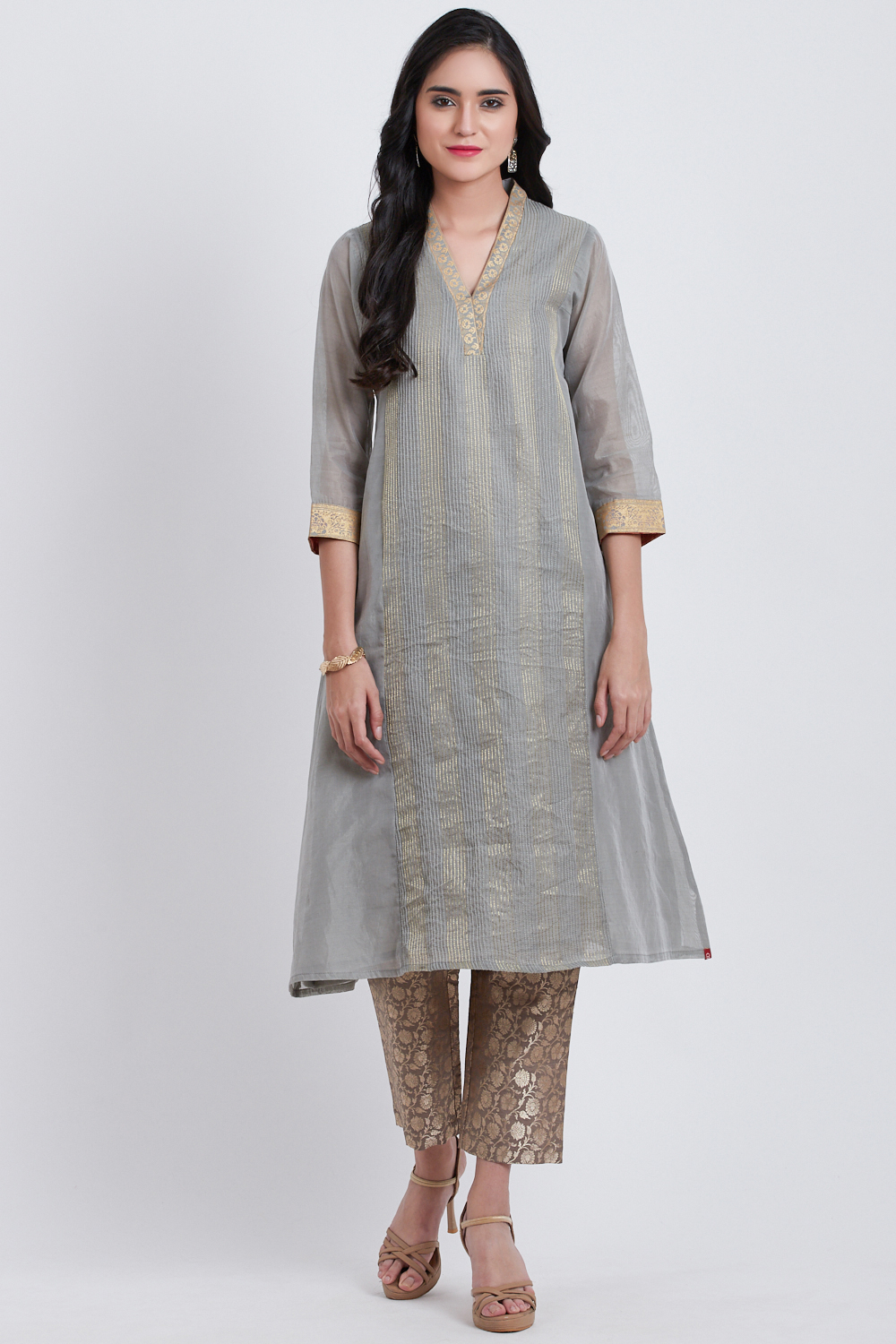 Grey Poly Cotton Flared Yarndyed Kurta image number 2