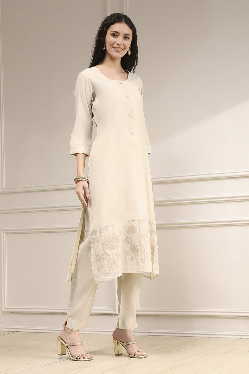 White Tissue Applique Unstitched Suit Set image number 6
