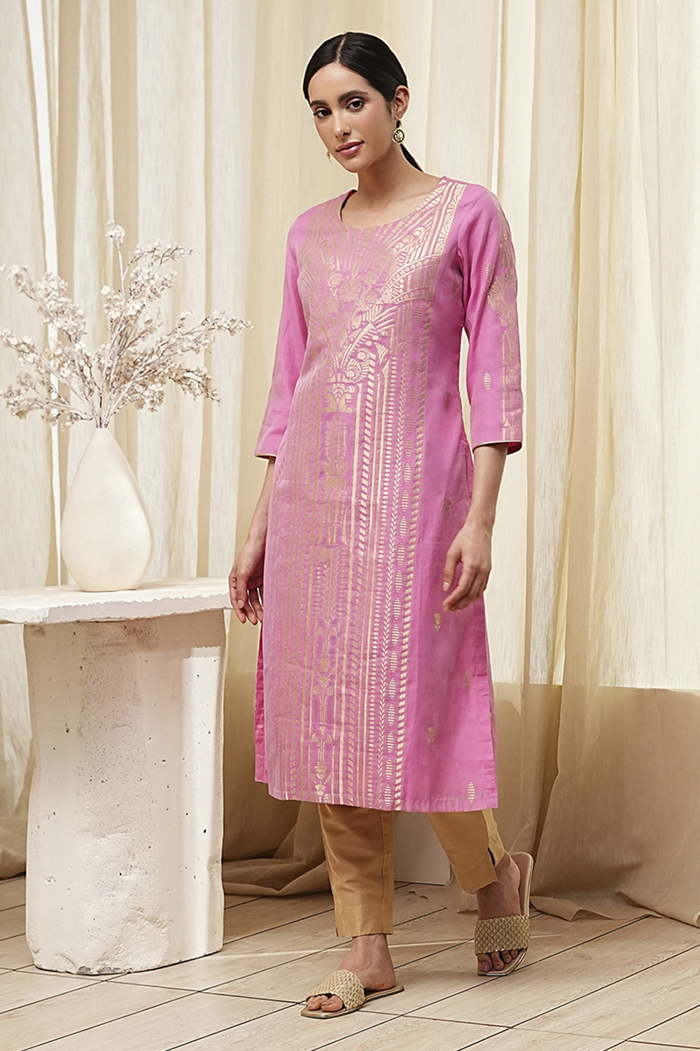Pink Poly Cotton Straight Yarndyed Kurta image number 2
