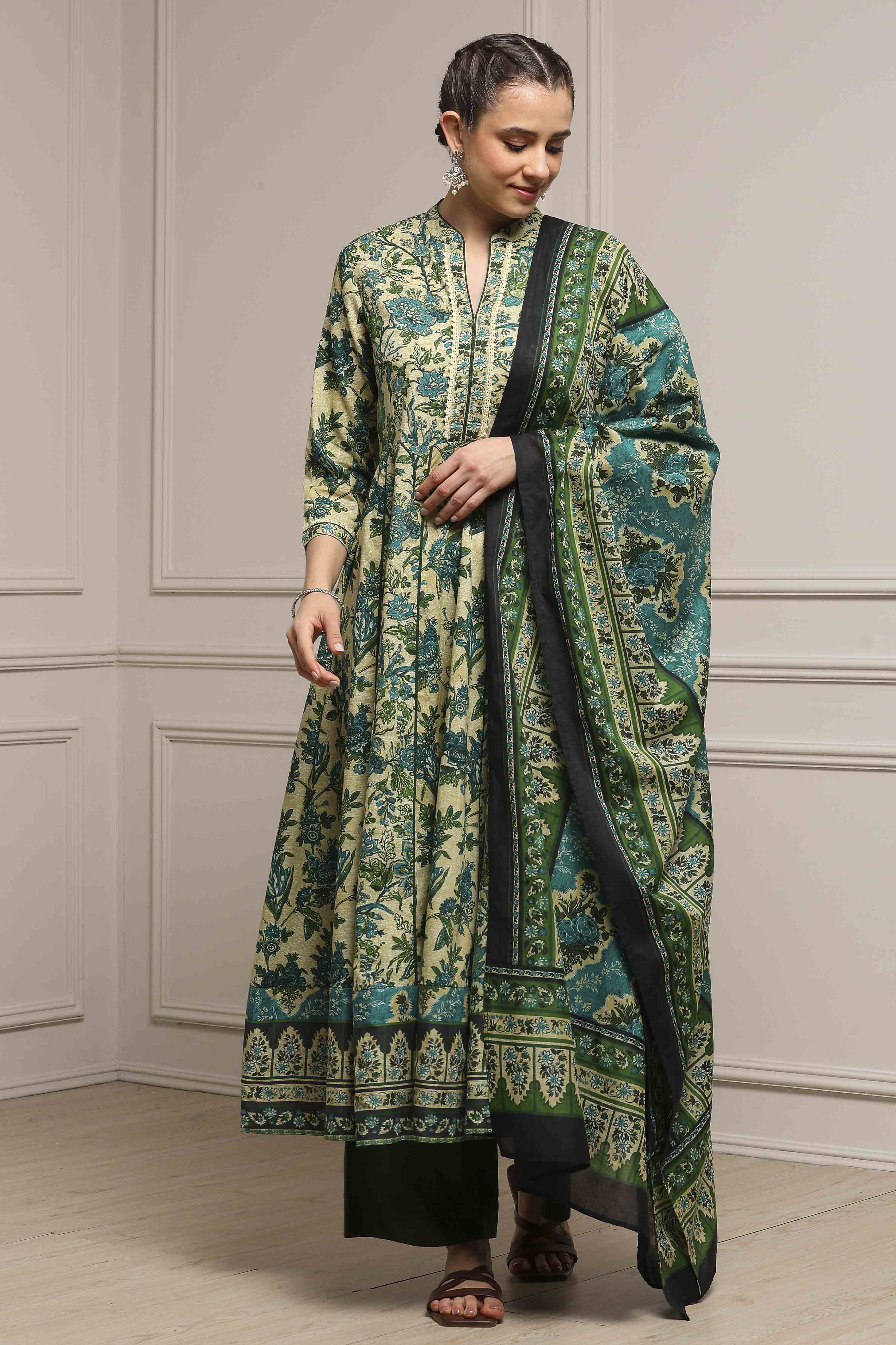 Green Cotton Anarkali Printed Suit Set image number 0