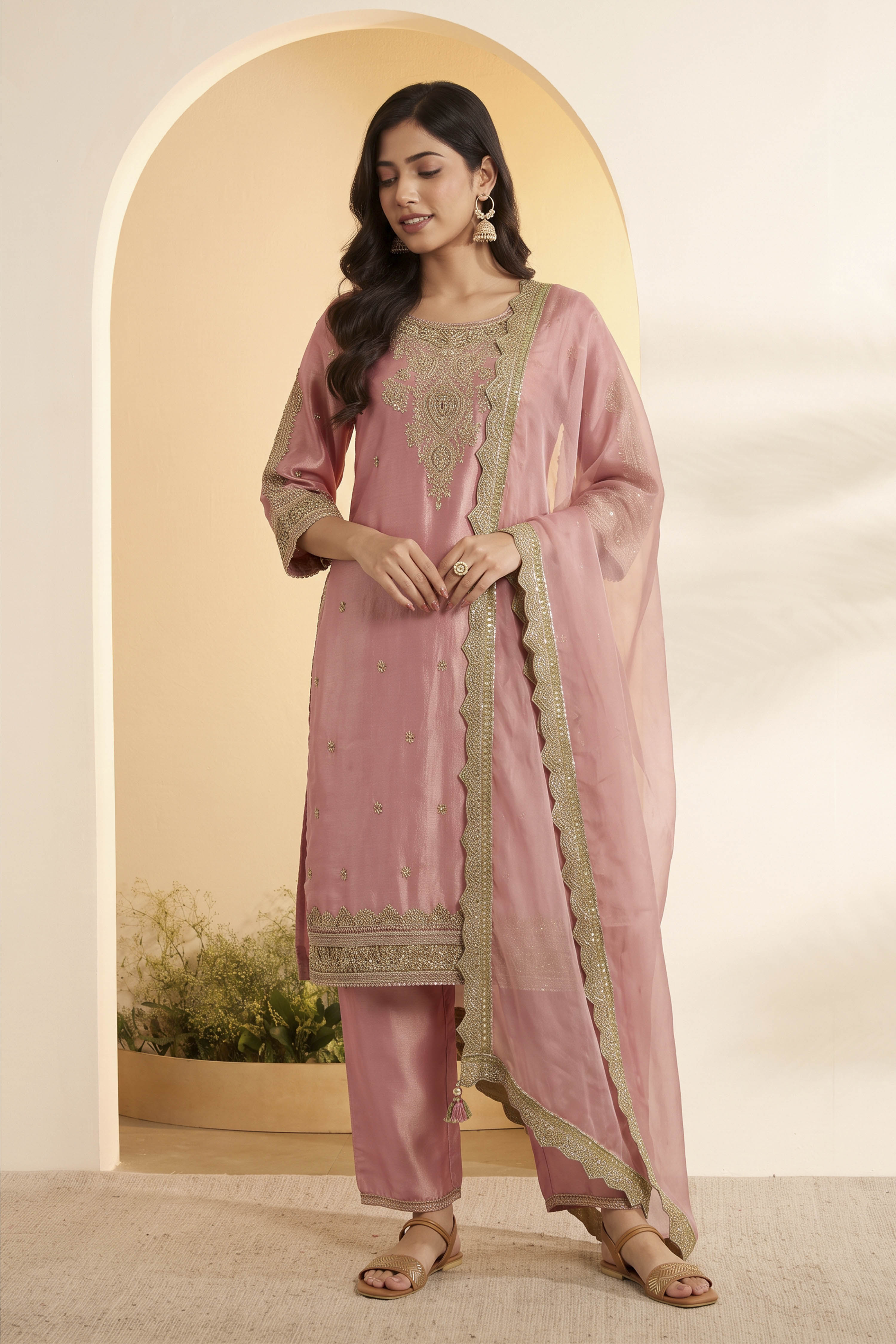 Rose Pink Viscose Rayon Embellished Suit Set image number 0