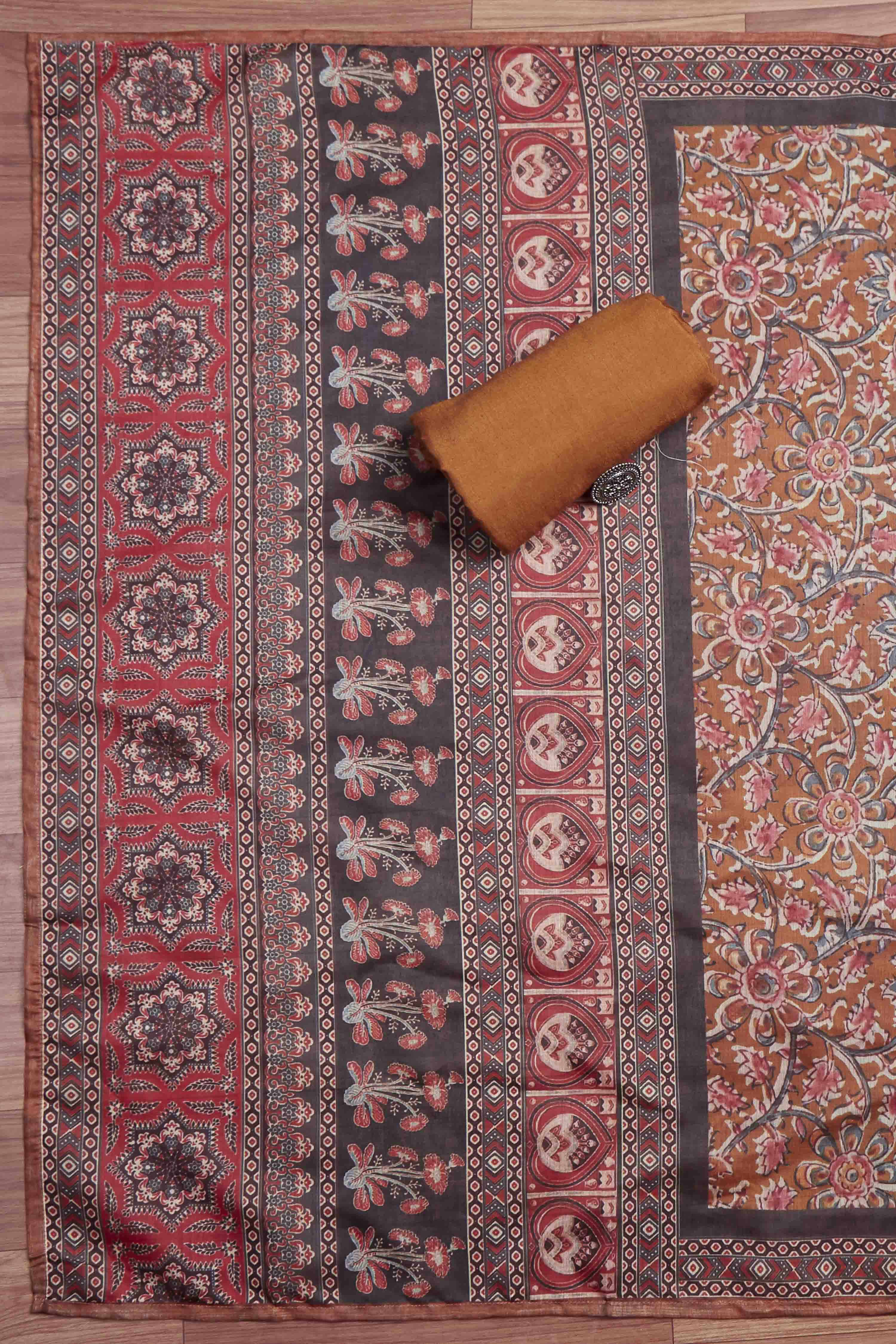 Olive Green Chanderi Rajasthani Print Unstitched Suit Set image number 3