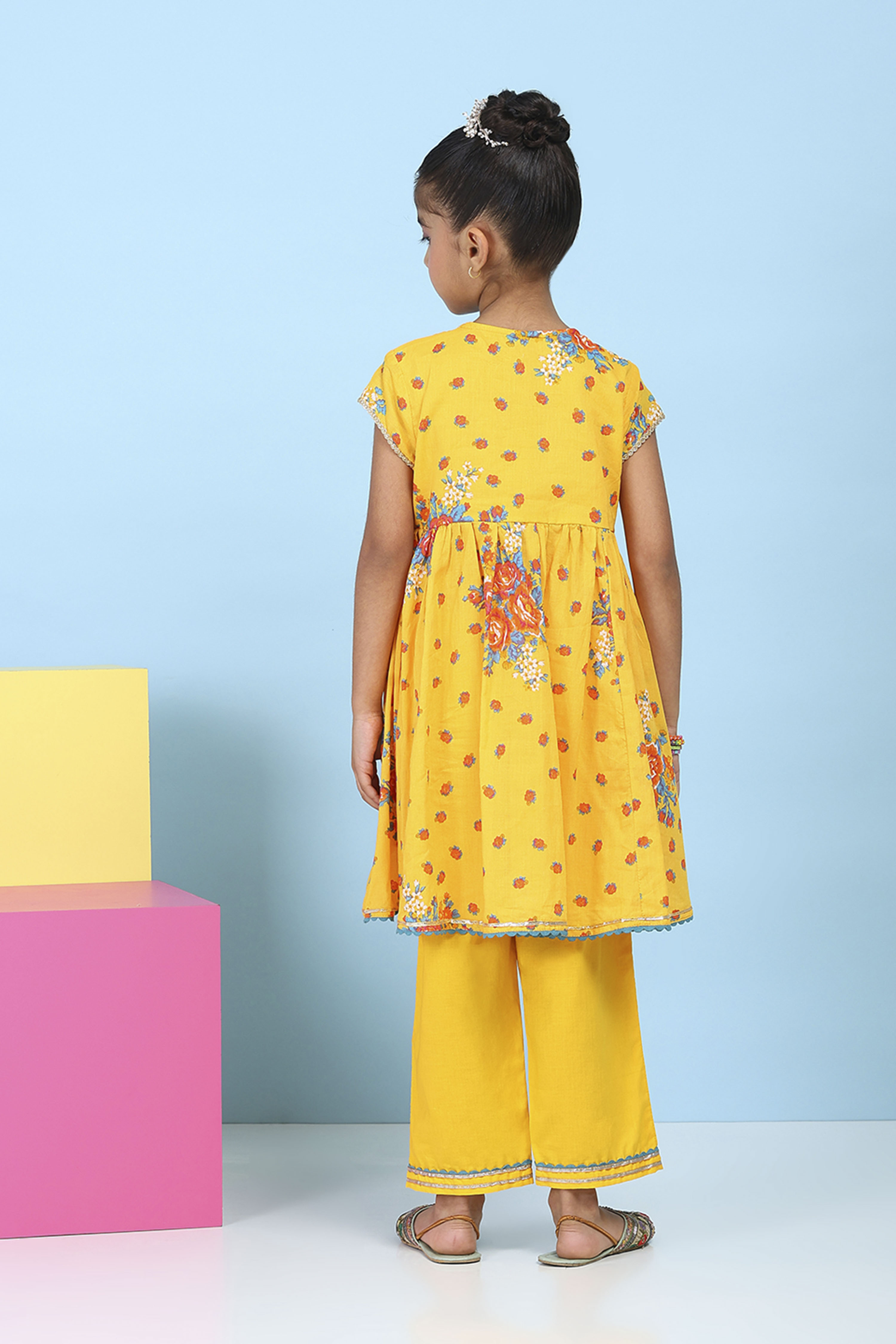 Yellow Cotton Floral Printed Anarkali Suit Set image number 4