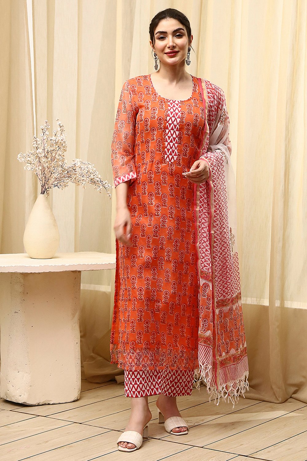 Yellow Cotton Hand Block Print Unstitched Suit Set image number 7