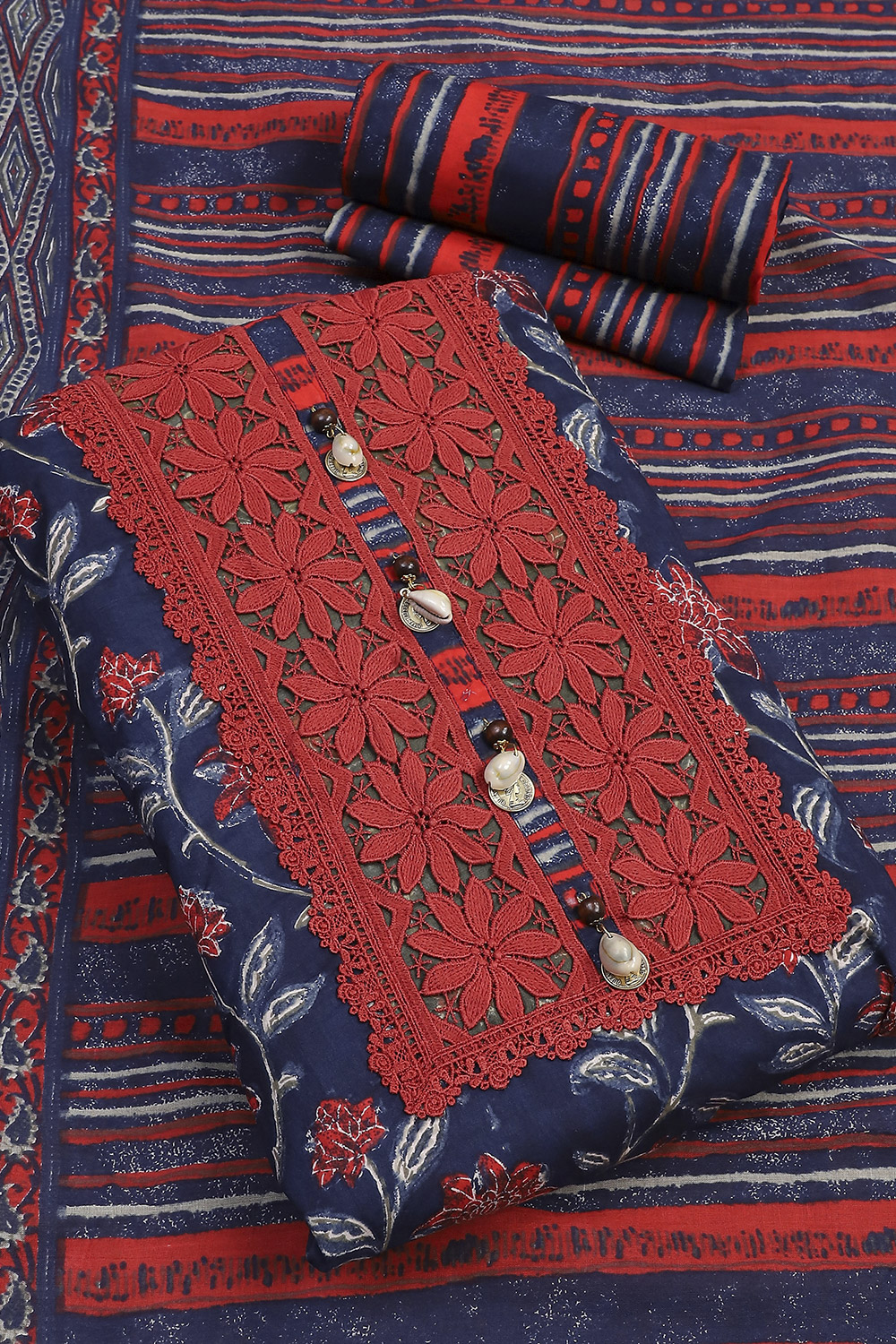 Navy Blue Cotton Unstitched Suit Set image number 3