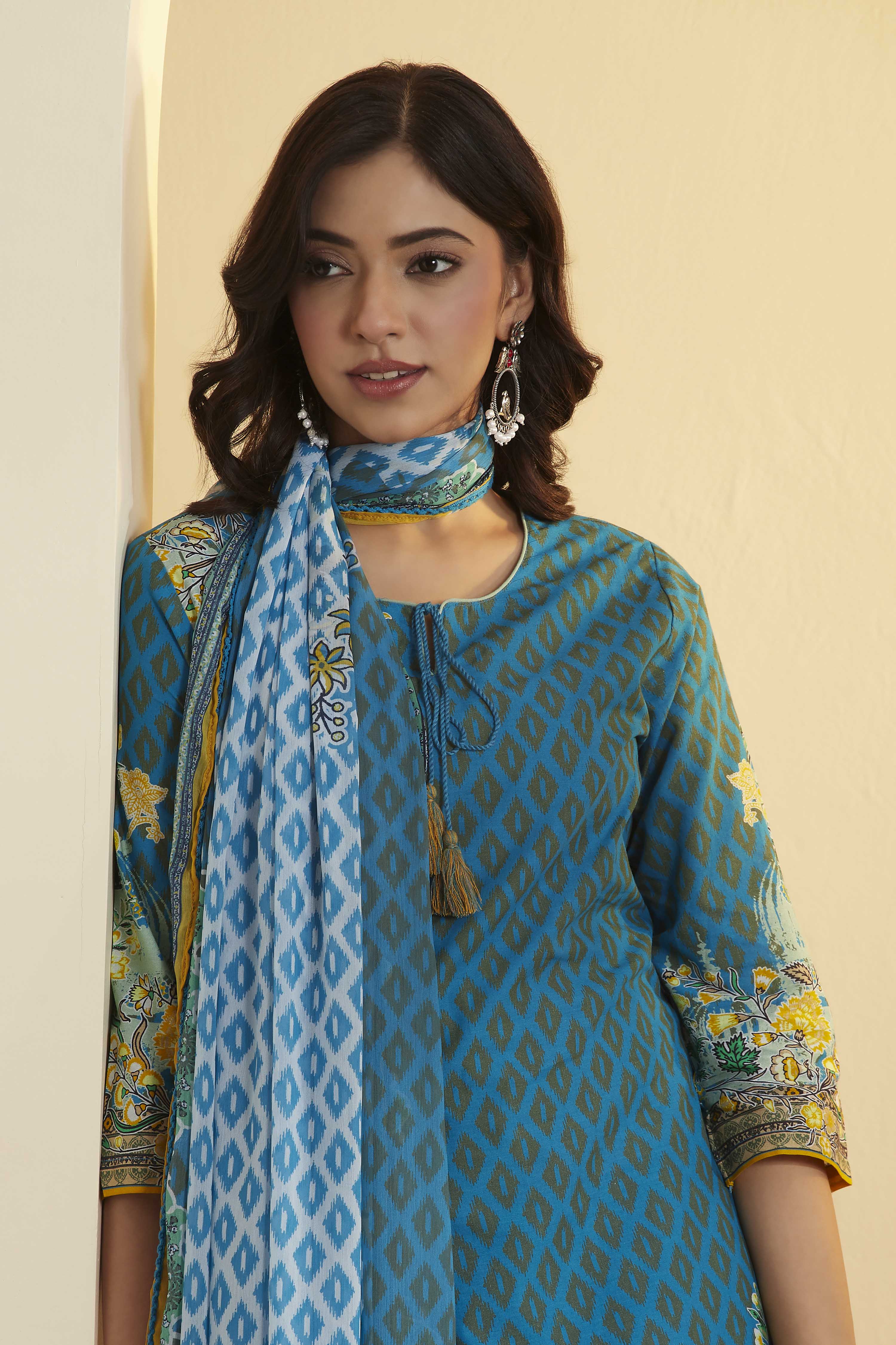 Turquoise Cotton Straight Printed Kurta Ankle Length Suit Set image number 1
