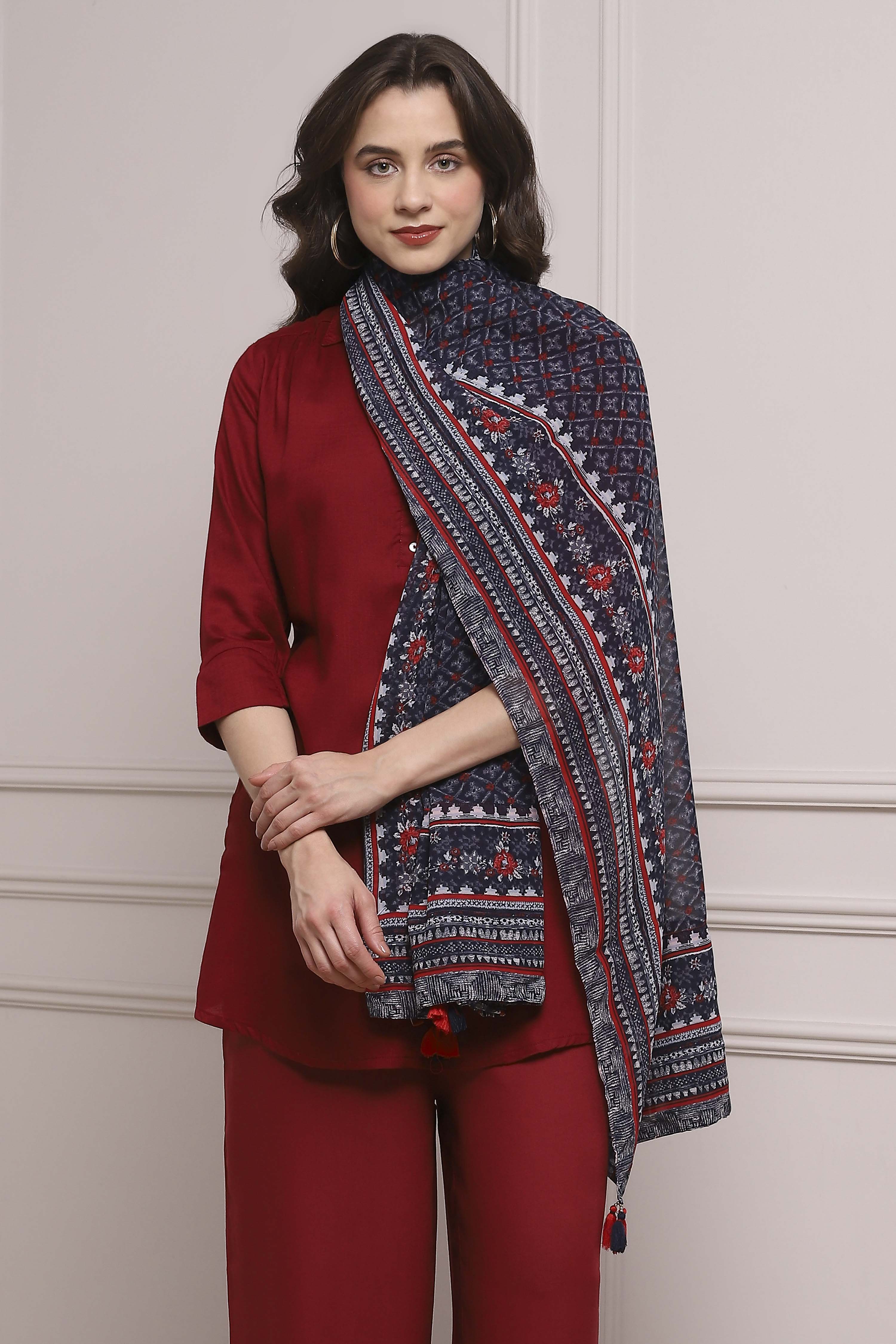 Navy Polyester Printed Dupatta image number 0