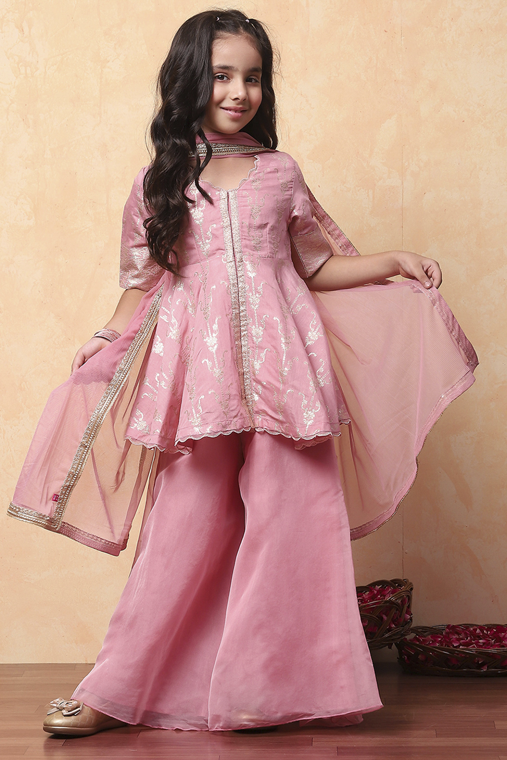 Purple Viscose Rayon Printed Front Open Sharara Suit Set image number 0