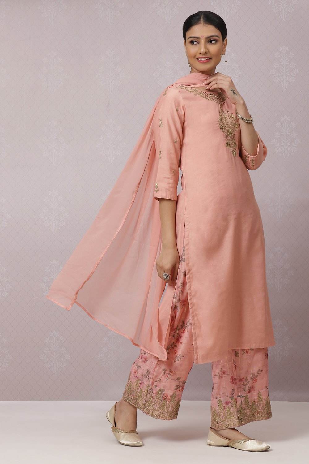 Peach Art Silk Straight Kurta Palazzo Suit Set image number 5