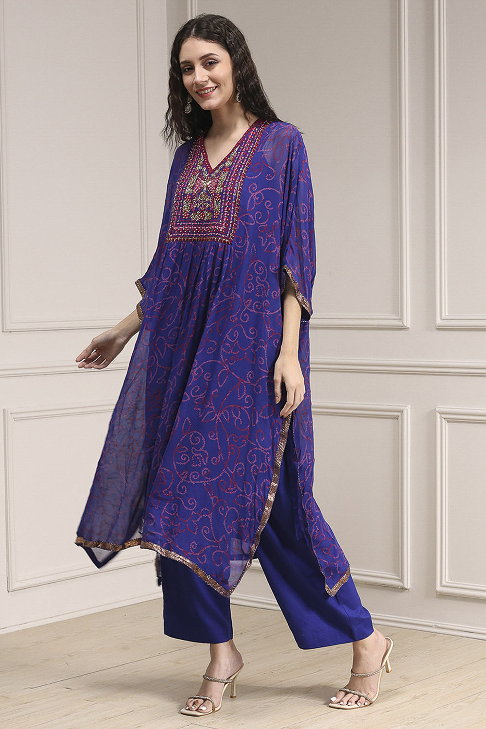 Red Printed Kaftan Style Kurta Set image number 3