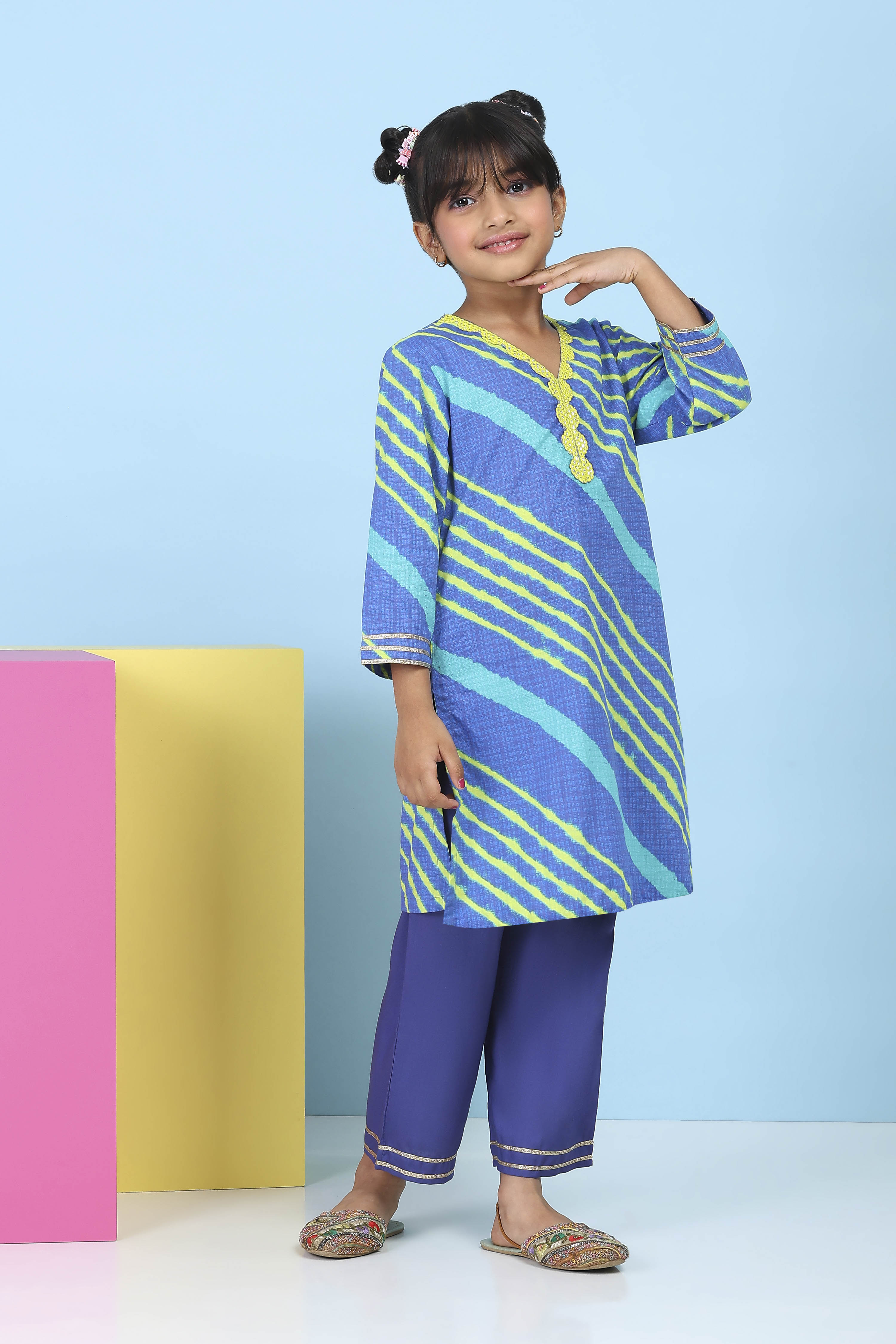 Blue Cotton Striped Straight Suit Set image number 5