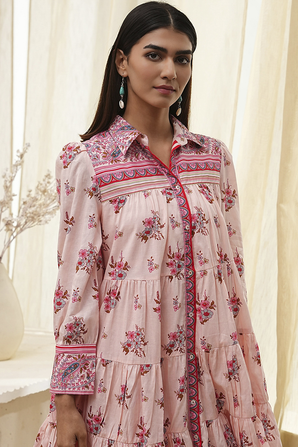 Peach-Colored Cotton  Floral Tiered Dress image number 1