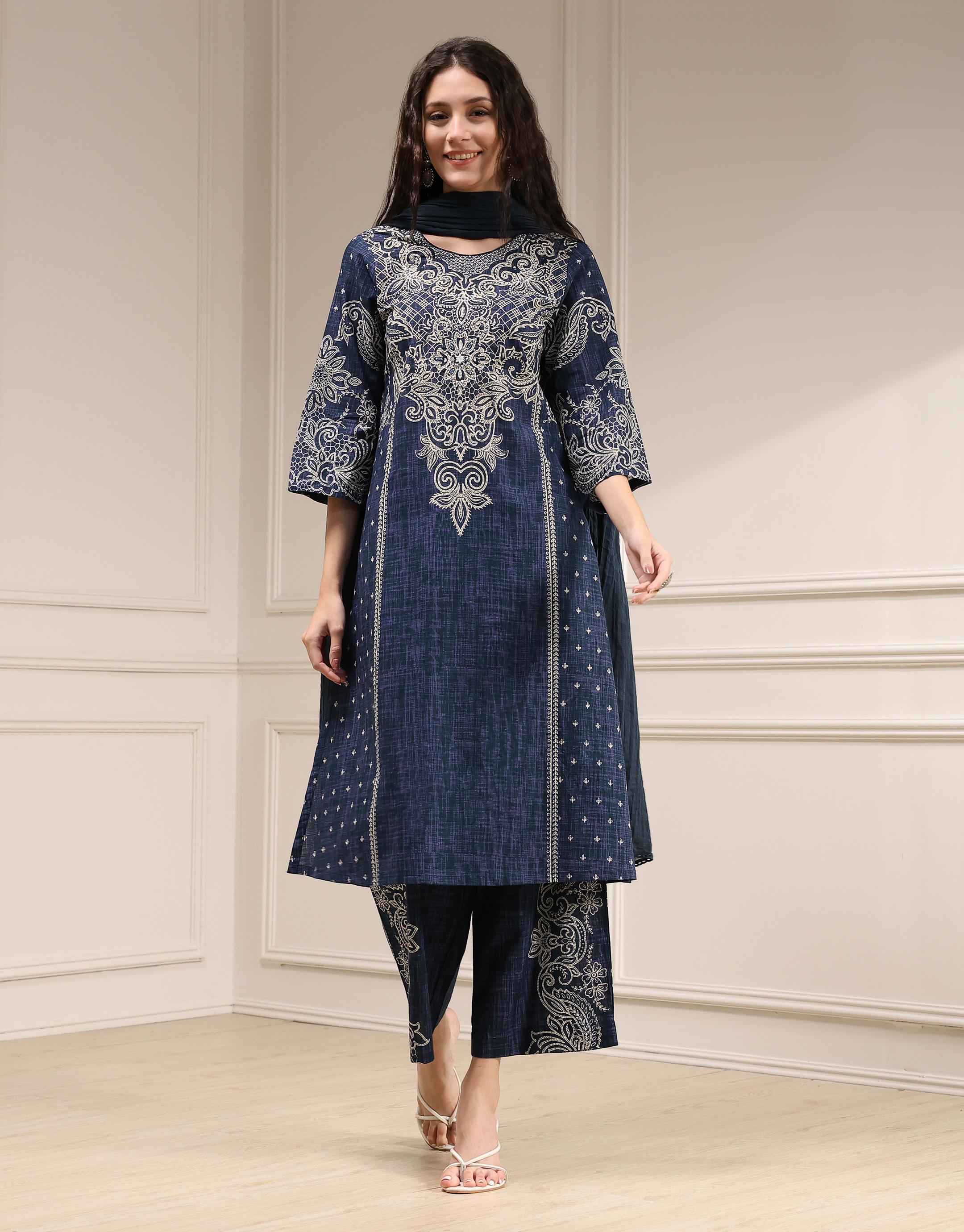 Blue Pure Cotton Printed Straight Suit Set image number 6