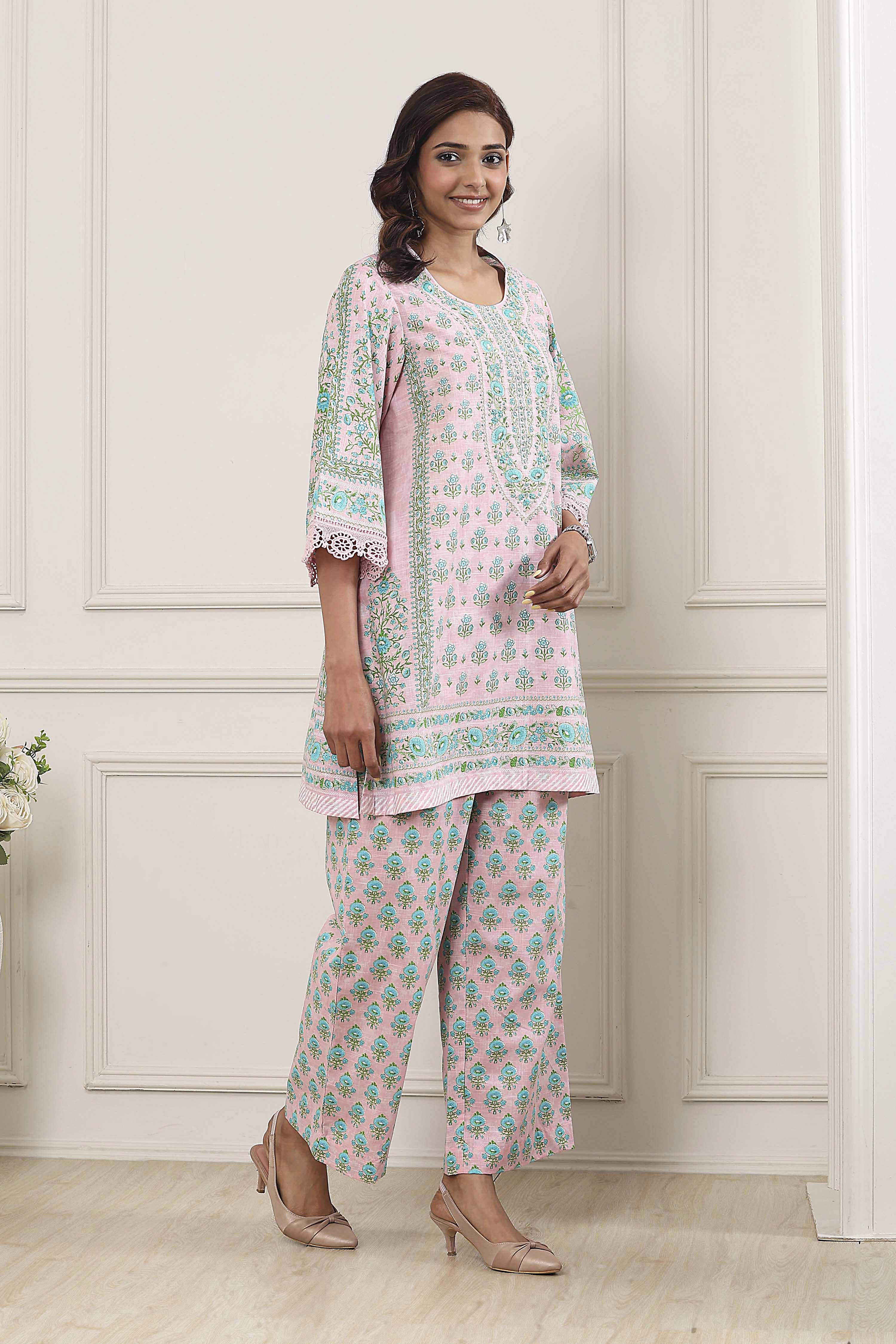 Pink Cotton Printed Straight Kurta Set image number 5