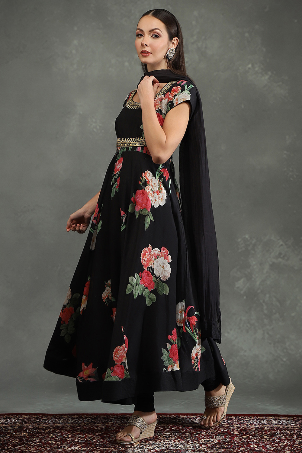 Black Silk Chanderi Floral Printed Anarkali Suit Set image number 7