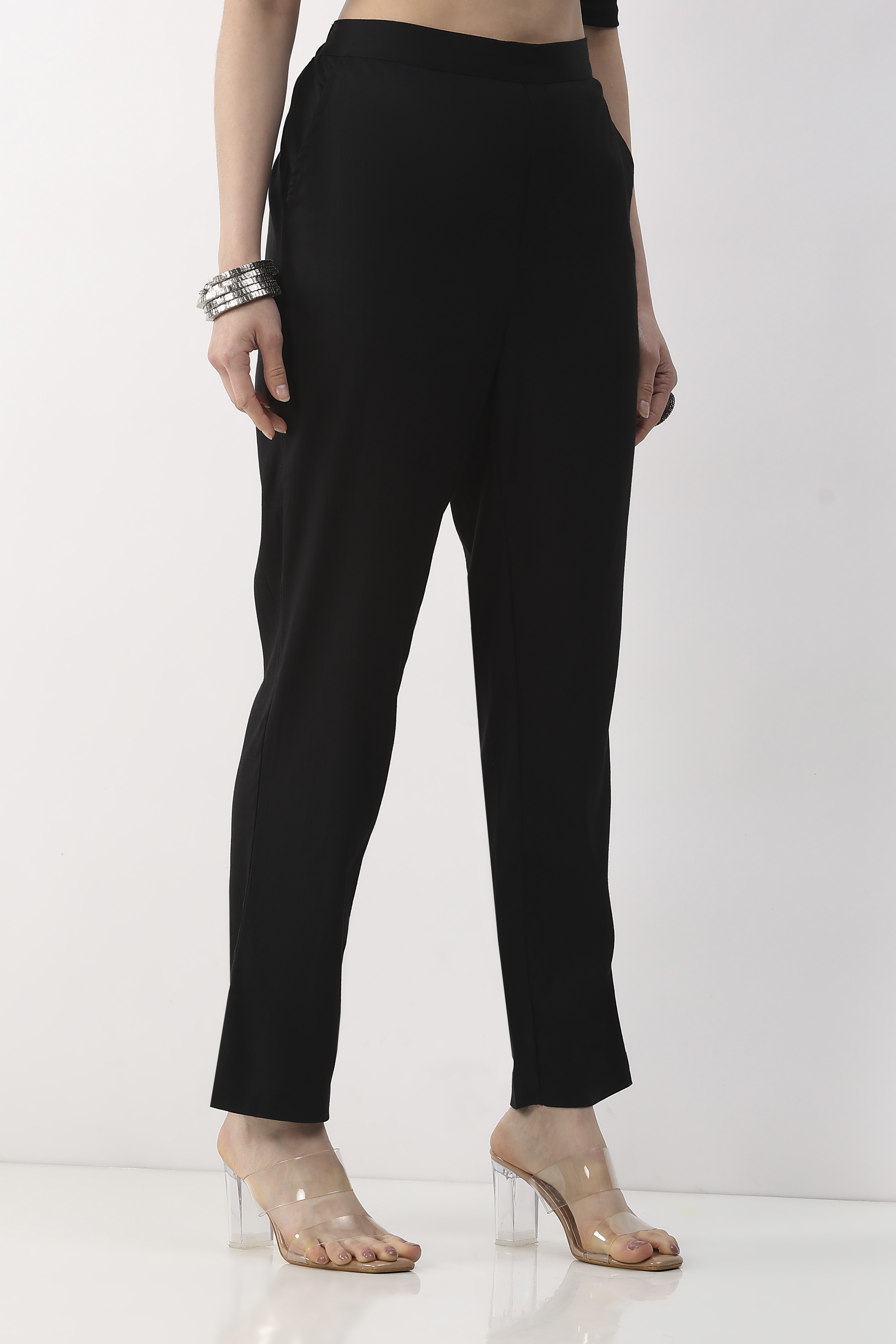 Black Viscose Lycra Regular Pants image number 4