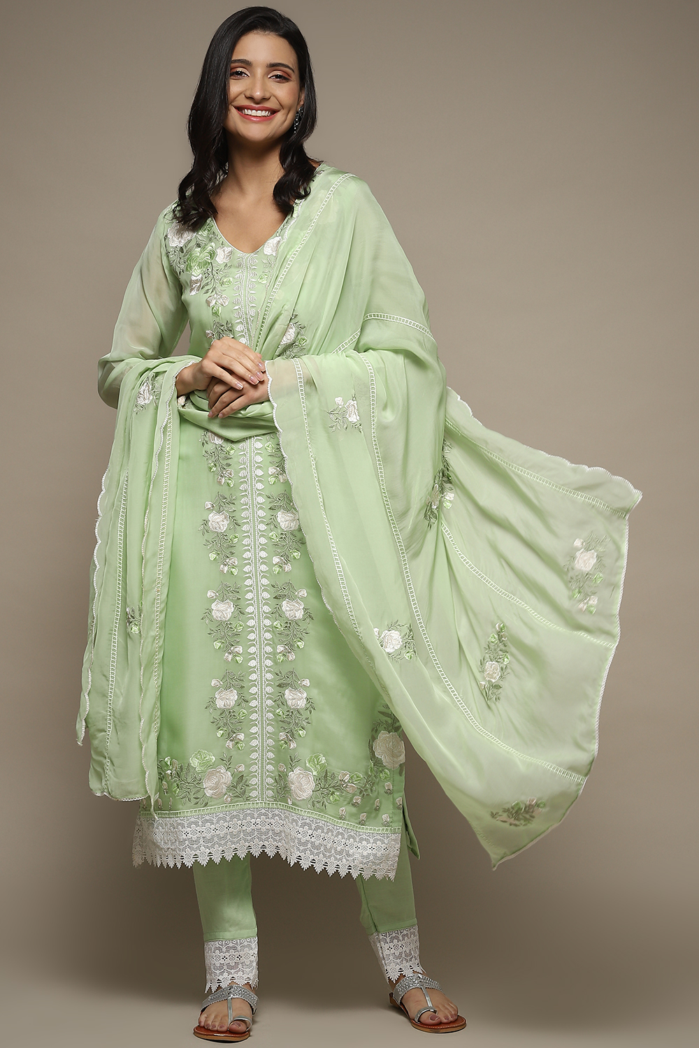 Green Organza Lace Unstitched Suit Set image number 1