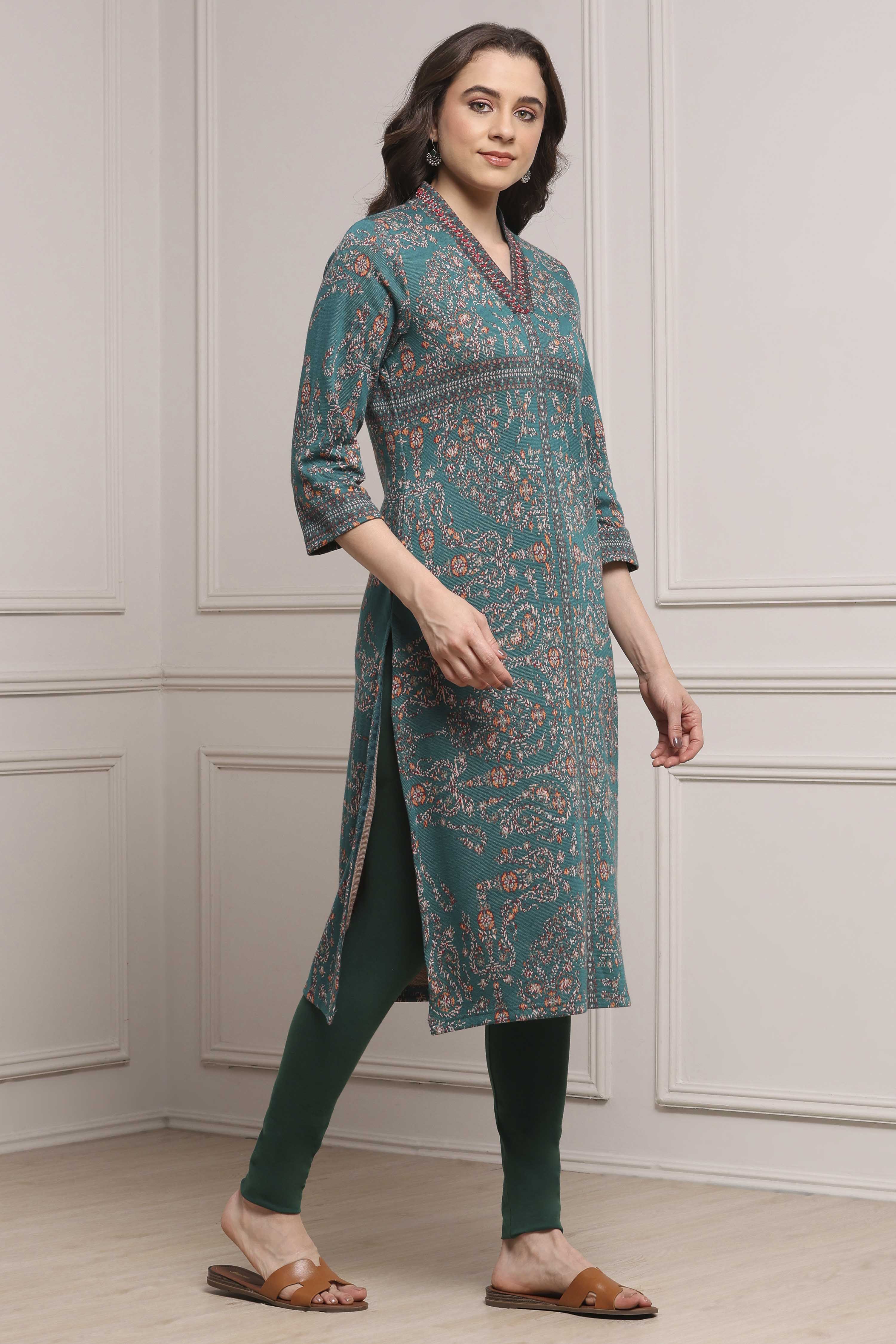 Emerald Green Cotton Blend Yarndyed Straight Kurta image number 4
