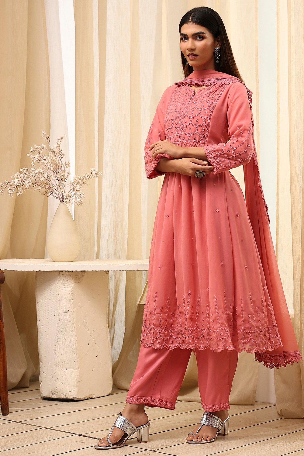 Pink Embroidered Flared Suit Set image number 3