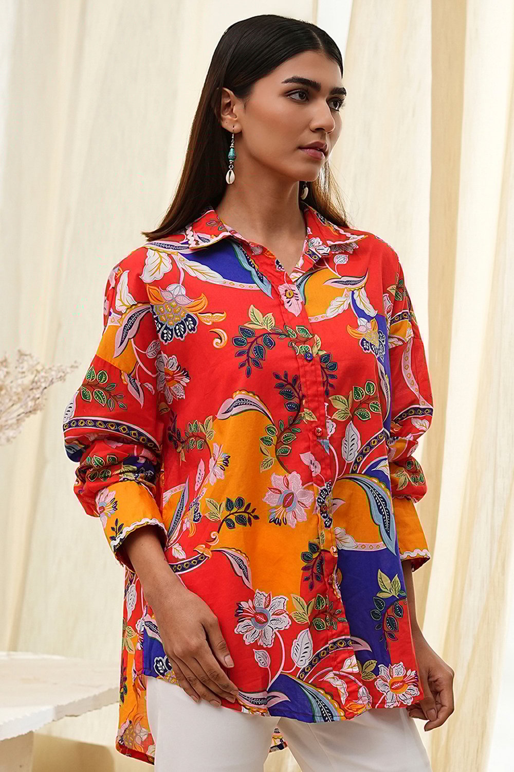 Orange Cotton Floral High-Low Shirt image number 1