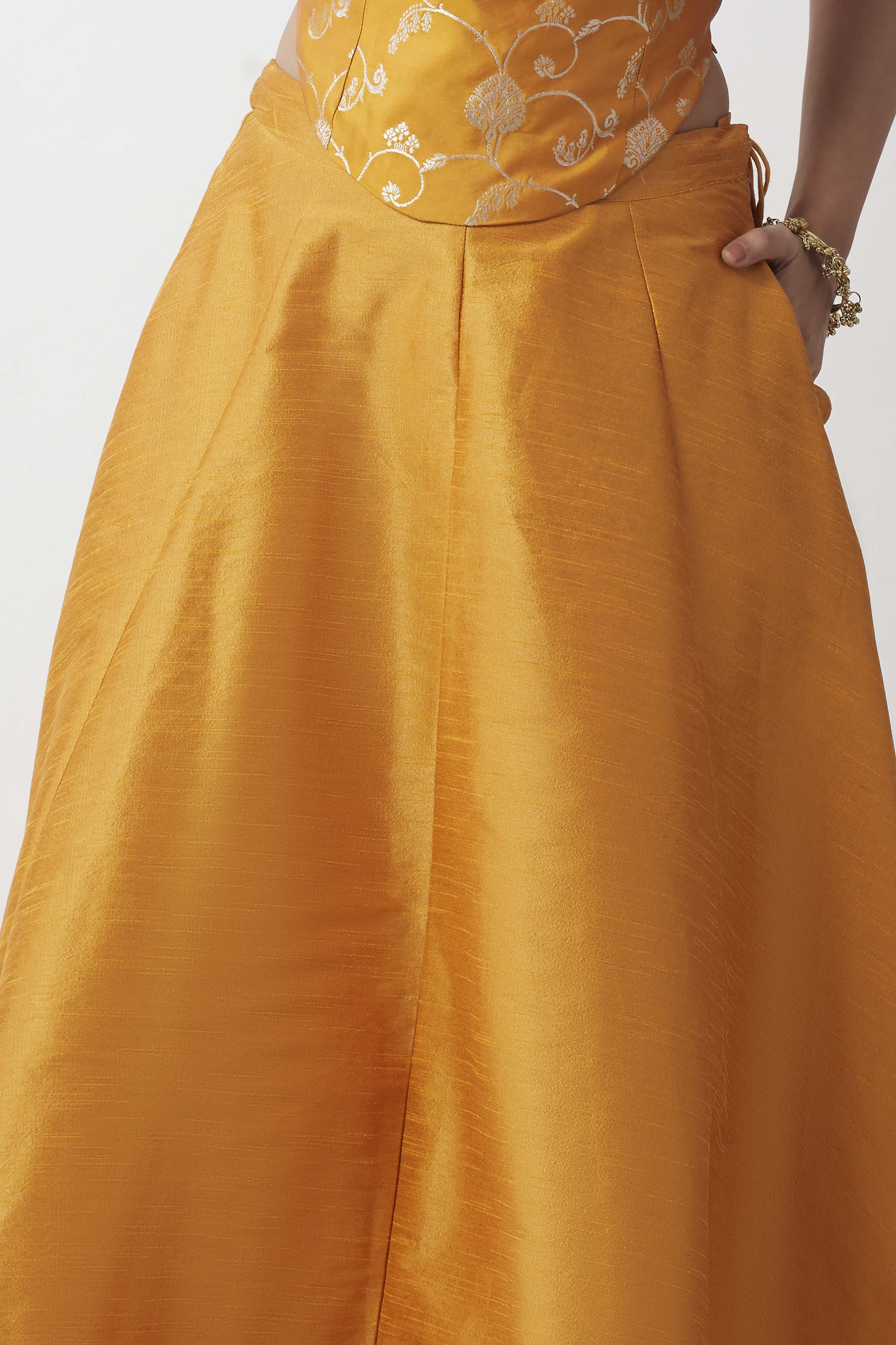 Mustard Poly Dupion Solid Flared Maxi Skirt image number 1