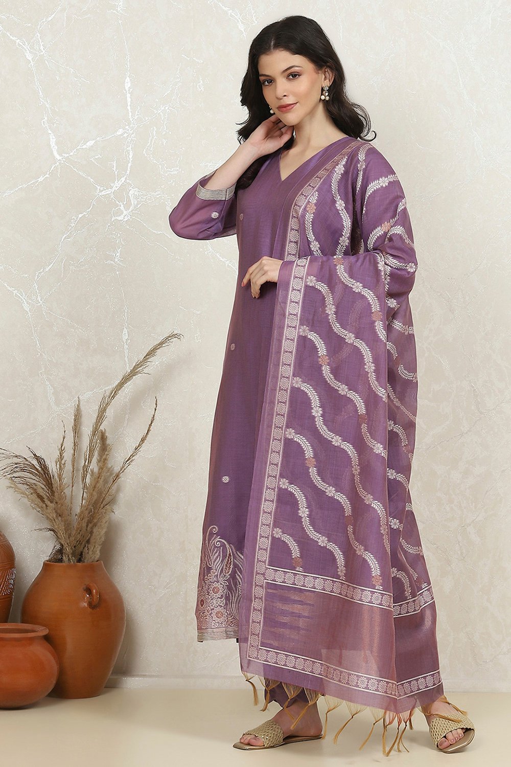 Lavender Chanderi Weave Unstitched Suit Set image number 4